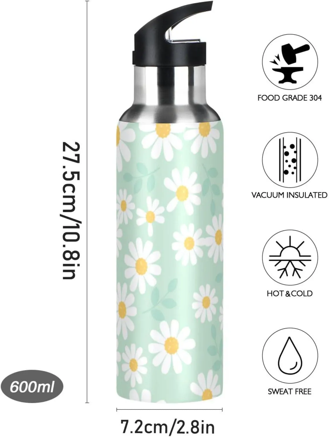 Aslsiy 32oz Water Bottle with Straw Daisy Flower Field Mint Green Insulated Sports Bottle Stainless Steel Gym Bottle Water Flask Metal Thermos for Cycling Hiking