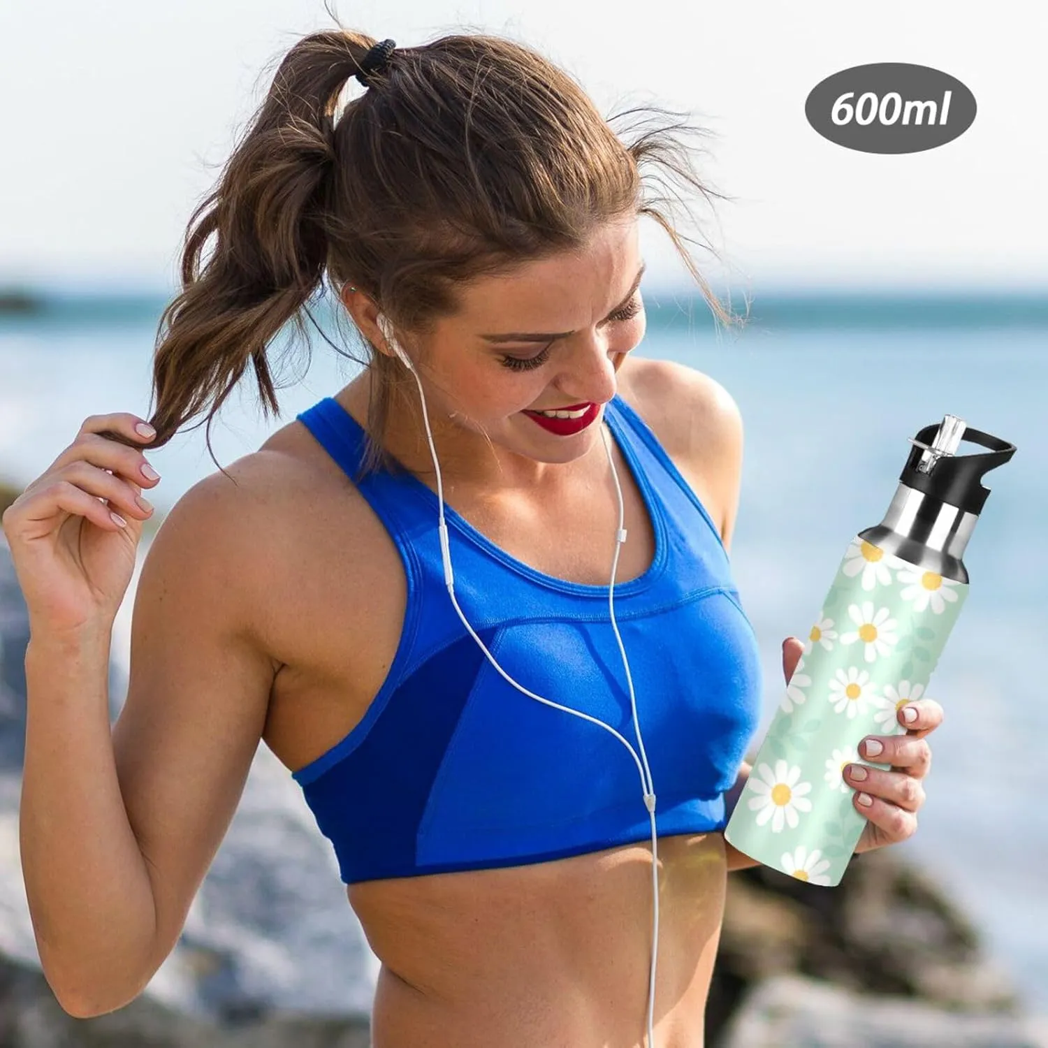 Aslsiy 32oz Water Bottle with Straw Daisy Flower Field Mint Green Insulated Sports Bottle Stainless Steel Gym Bottle Water Flask Metal Thermos for Cycling Hiking