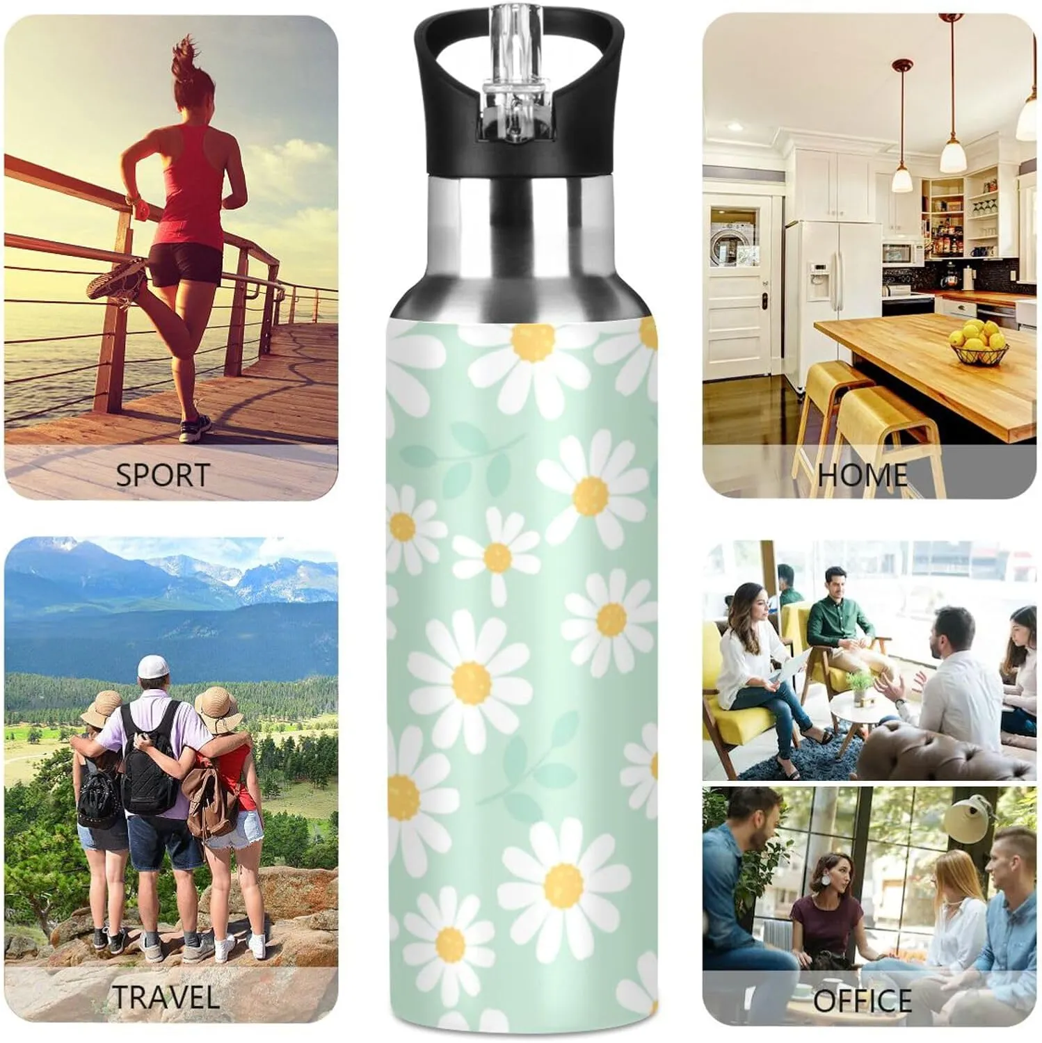 Aslsiy 32oz Water Bottle with Straw Daisy Flower Field Mint Green Insulated Sports Bottle Stainless Steel Gym Bottle Water Flask Metal Thermos for Cycling Hiking