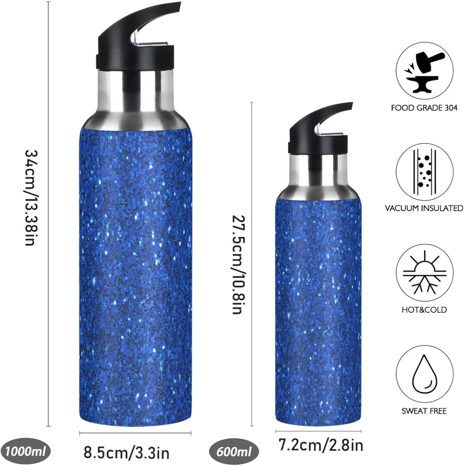 Aslsiy 32oz Water Bottle with Straw Dark Blue Sparkle Insulated Sports Bottle Stainless Steel Gym Bottle Water Flask Metal Thermos for Cycling Hiking