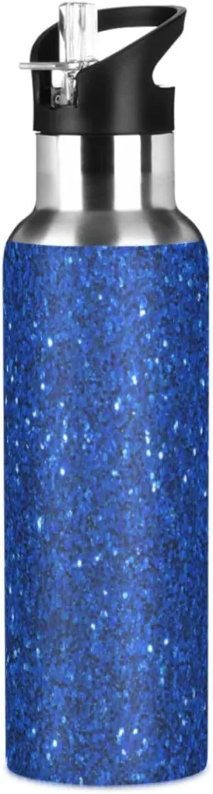 Aslsiy 32oz Water Bottle with Straw Dark Blue Sparkle Insulated Sports Bottle Stainless Steel Gym Bottle Water Flask Metal Thermos for Cycling Hiking
