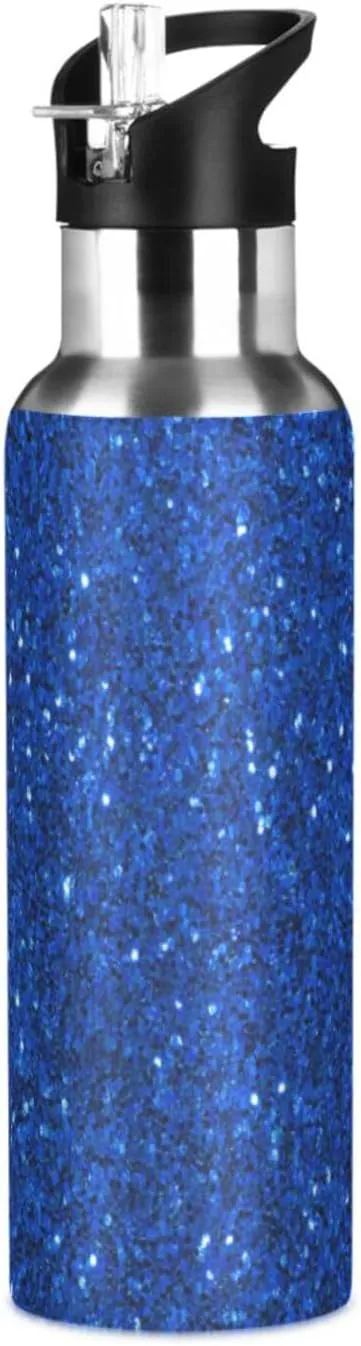 Aslsiy 32oz Water Bottle with Straw Dark Blue Sparkle Insulated Sports Bottle Stainless Steel Gym Bottle Water Flask Metal Thermos for Cycling Hiking