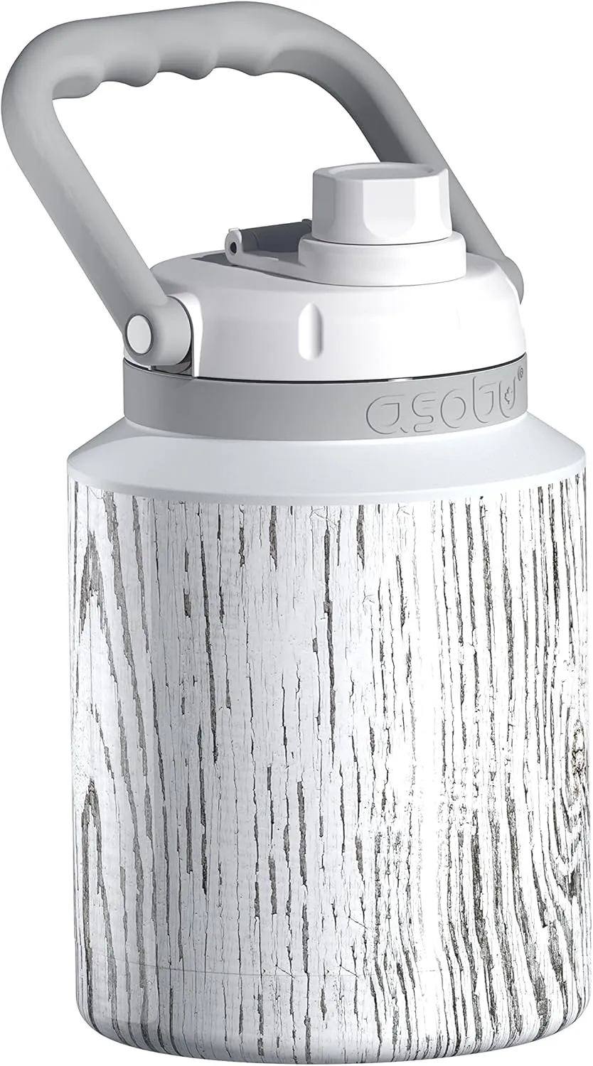Asobu Mini Stainless Steel Double Walled Vacuum Insulated 33 Ounce Jug With Full Hand Easy Carry Handle and Pop Up Straw Water Bottle (Birch Wood)