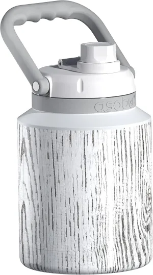 Asobu Mini Stainless Steel Double Walled Vacuum Insulated 33 Ounce Jug With Full Hand Easy Carry Handle and Pop Up Straw Water Bottle (Birch Wood)