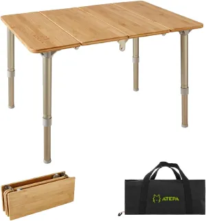 ATEPA Small Bamboo Table, Height Adjustable Folding Side Table, Outdoor Portable Folding Coffee Table, Wooden Snack & Cheese Tray with Carrying Bag for 1-2 People, 23.6''x15.7''x15.7''