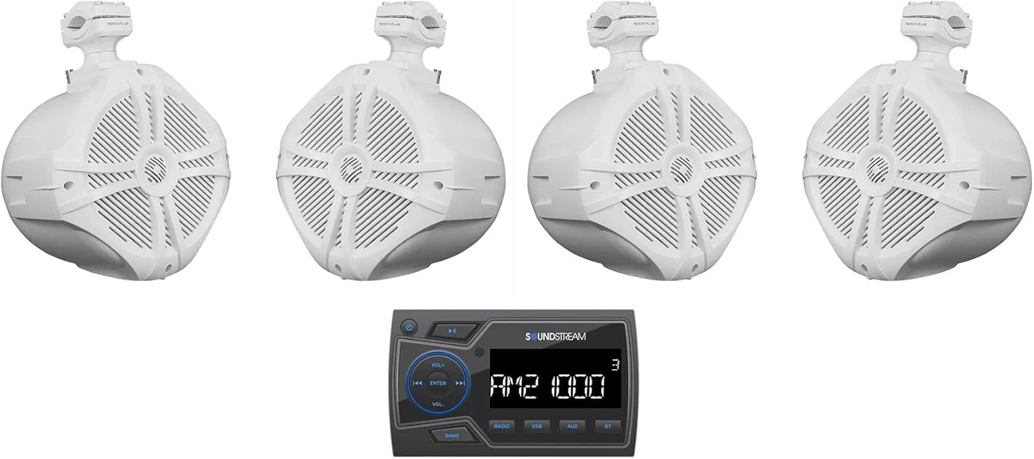 Audiosavings Bundle: Soundstream MHU-32 Marine ATV/UTV Digital Media Receiver Bluetooth/AUX/USB Bundle with (4) Rockville RWB90W White 8" 300w Marine Wakeboard 360 Swivel Tower Speaker (5 Items)