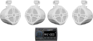 Audiosavings Bundle: Soundstream MHU-32 Marine ATV/UTV Digital Media Receiver Bluetooth/AUX/USB Bundle with (4) Rockville RWB90W White 8" 300w Marine Wakeboard 360 Swivel Tower Speaker (5 Items)