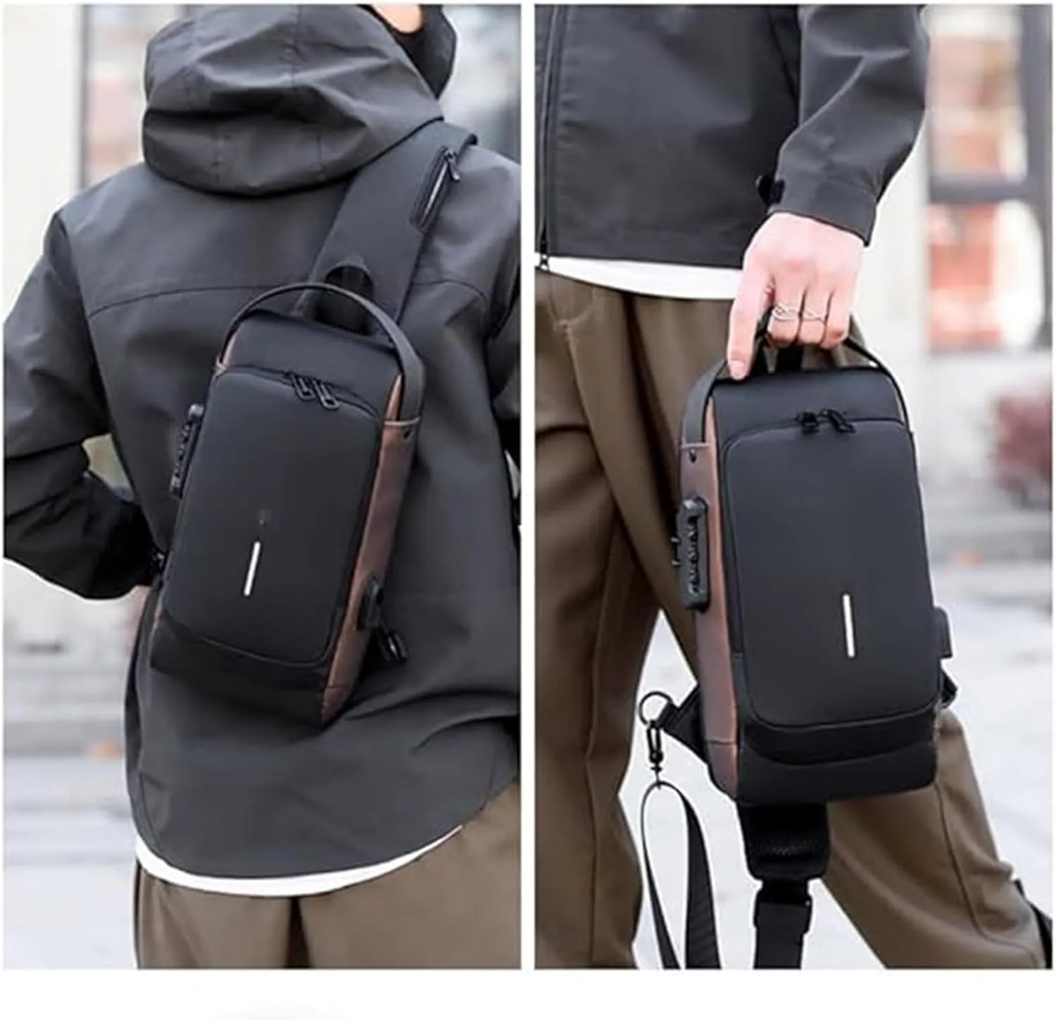 Auricz Bag, New Carbon Fiber Streamline Anti-Theft Sling Bag, Waterproof USB Charging Shoulder Bags for Sports Business(Gray)