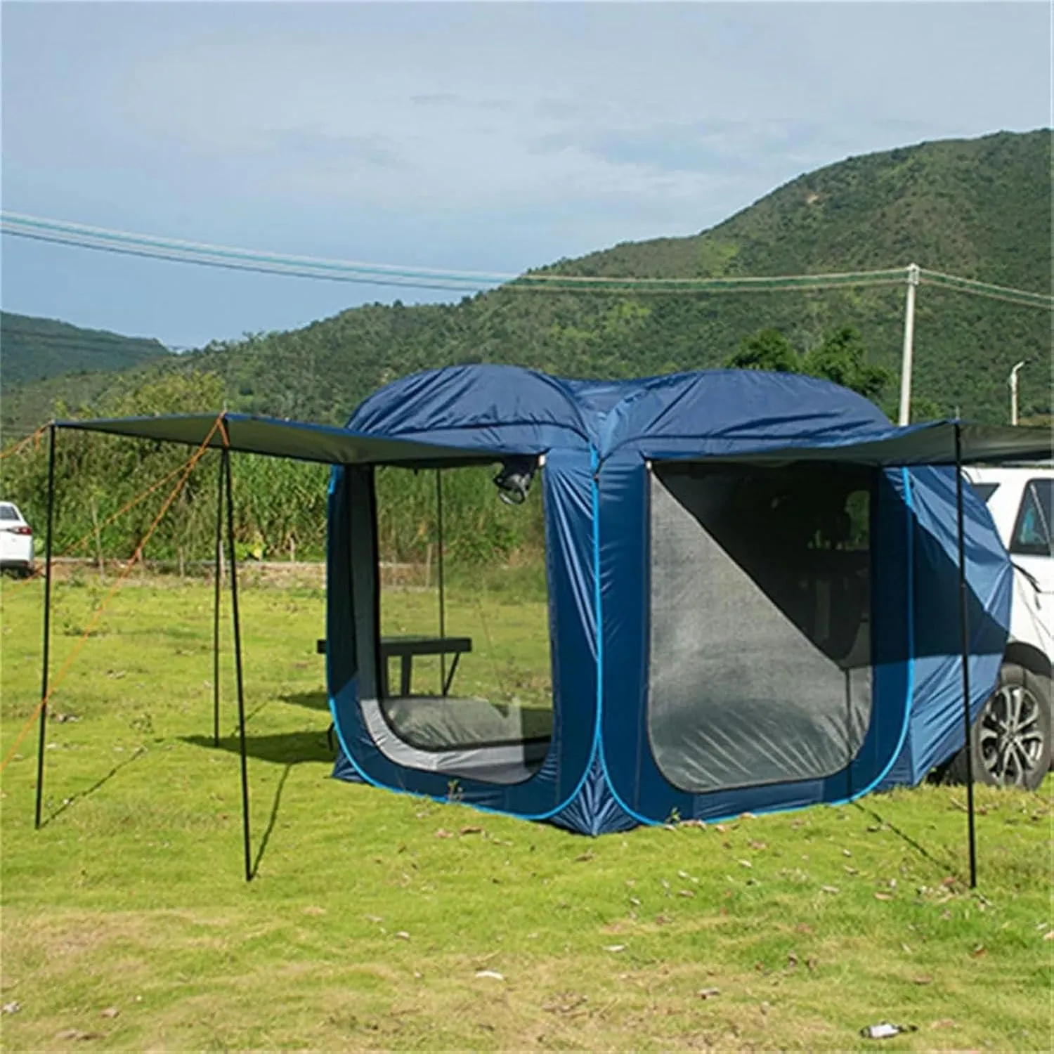 AVSMGP SUV Tent for Car Camping with Poles 3 Door Design Tents for Camping 5-8 Person Waterproof Rainfly Car Camping Tent for Couples Or Family,Blue