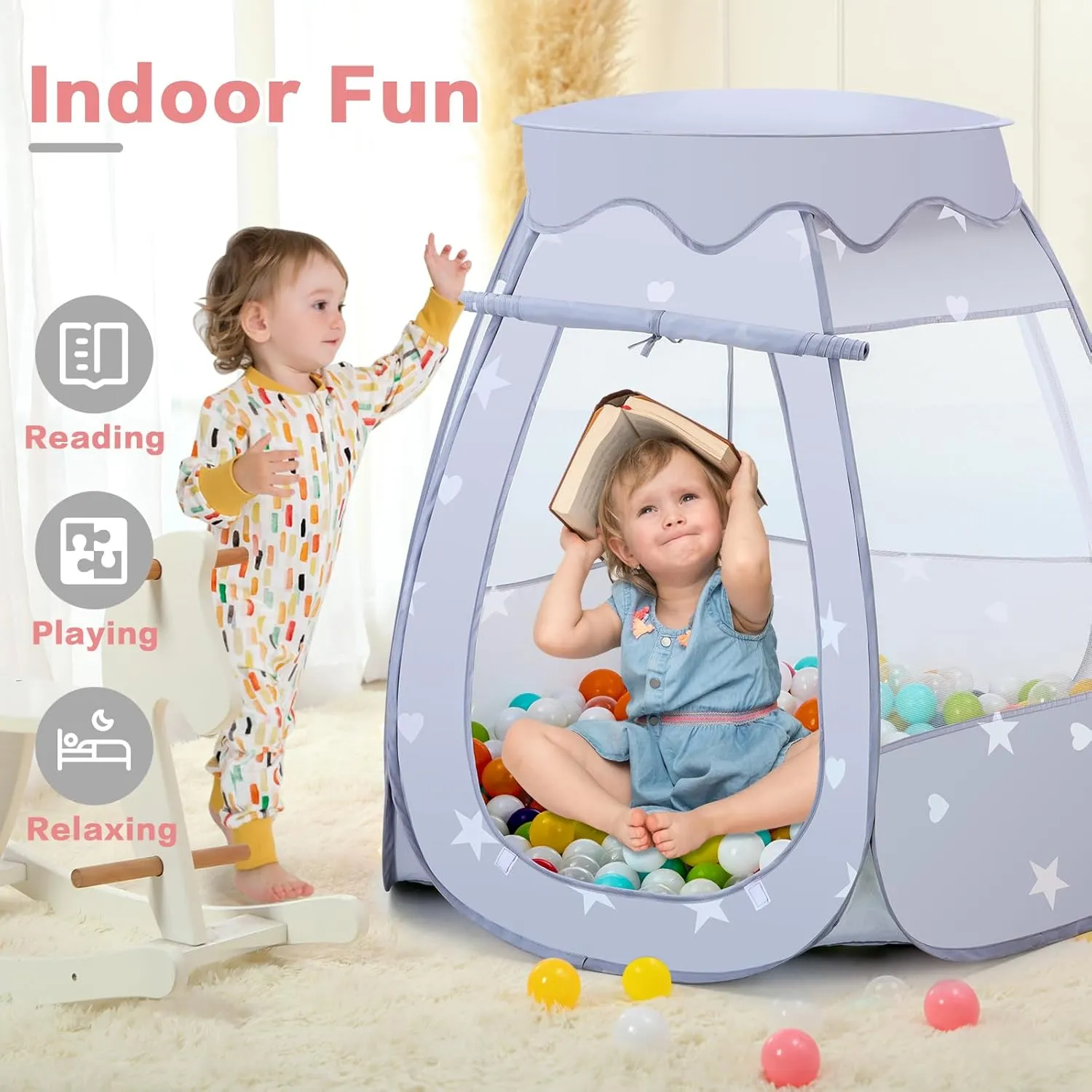 Baby Ball Pit for Toddler: with Star Lights - Pop Up Princess Play Tent for Kids - Indoor Outdoor Baby Girl Toys Birthday Gifts - NO Balls (Gray Tent)