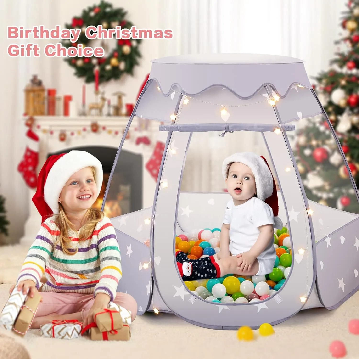 Baby Ball Pit for Toddler: with Star Lights - Pop Up Princess Play Tent for Kids - Indoor Outdoor Baby Girl Toys Birthday Gifts - NO Balls (Gray Tent)