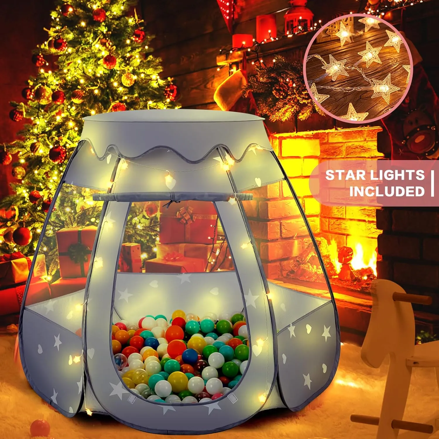 Baby Ball Pit for Toddler: with Star Lights - Pop Up Princess Play Tent for Kids - Indoor Outdoor Baby Girl Toys Birthday Gifts - NO Balls (Gray Tent)