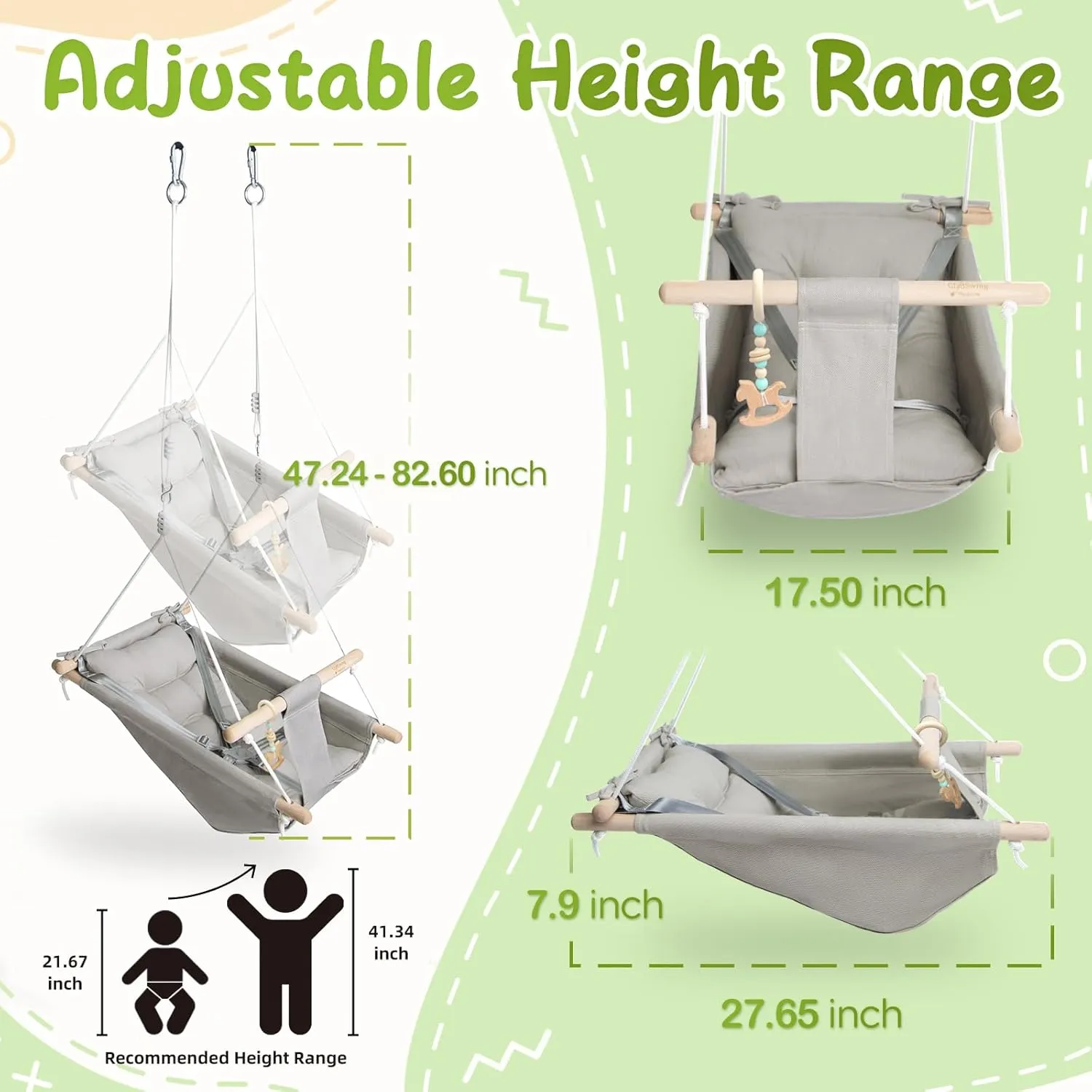 Baby Swing Indoor and Outdoor, Canvas Hammock Swing for Baby to Toddler with a Comfortable Seat, Macaroon Wooden Toy, Adjustable 5-Point Harness,3 Modes,Gift for Baby Boys Girls, Grey