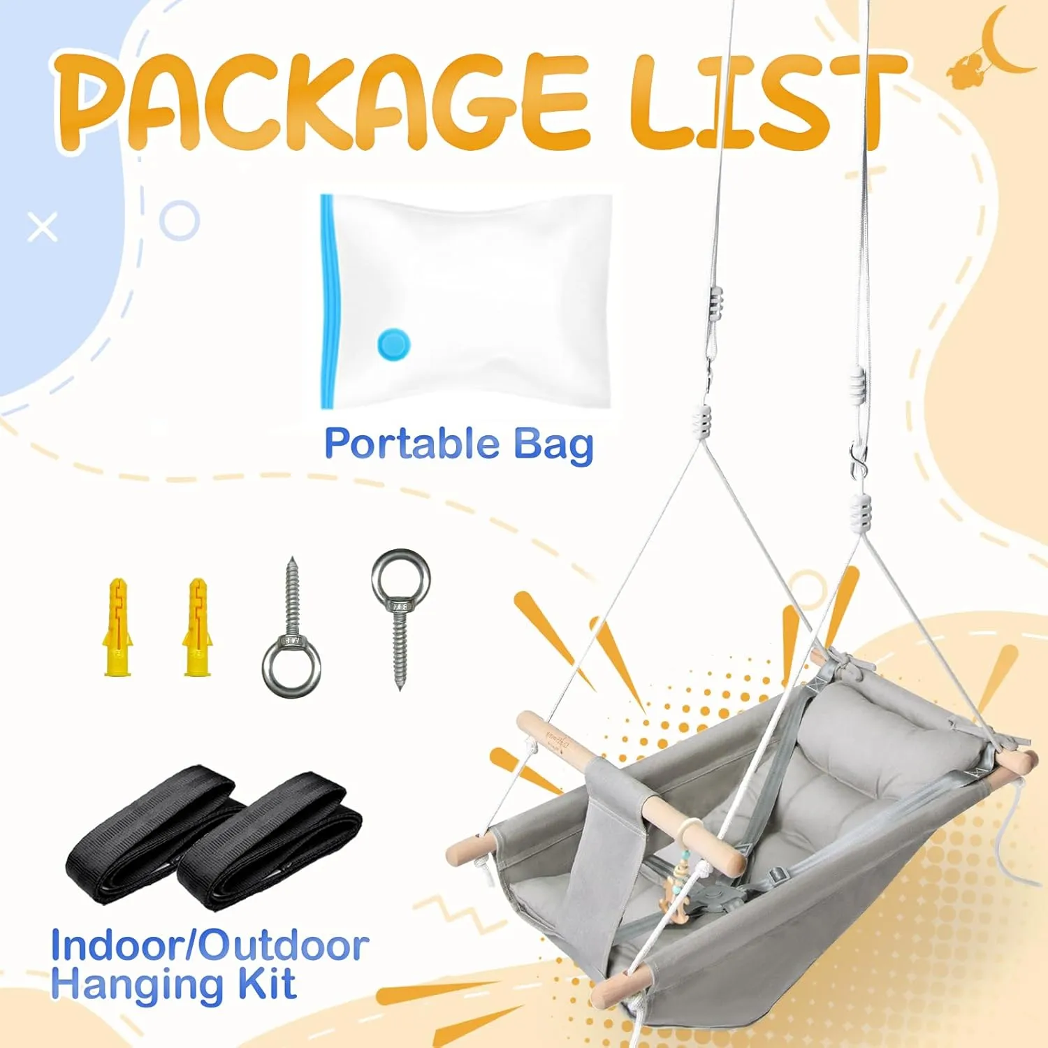 Baby Swing Indoor and Outdoor, Canvas Hammock Swing for Baby to Toddler with a Comfortable Seat, Macaroon Wooden Toy, Adjustable 5-Point Harness,3 Modes,Gift for Baby Boys Girls, Grey