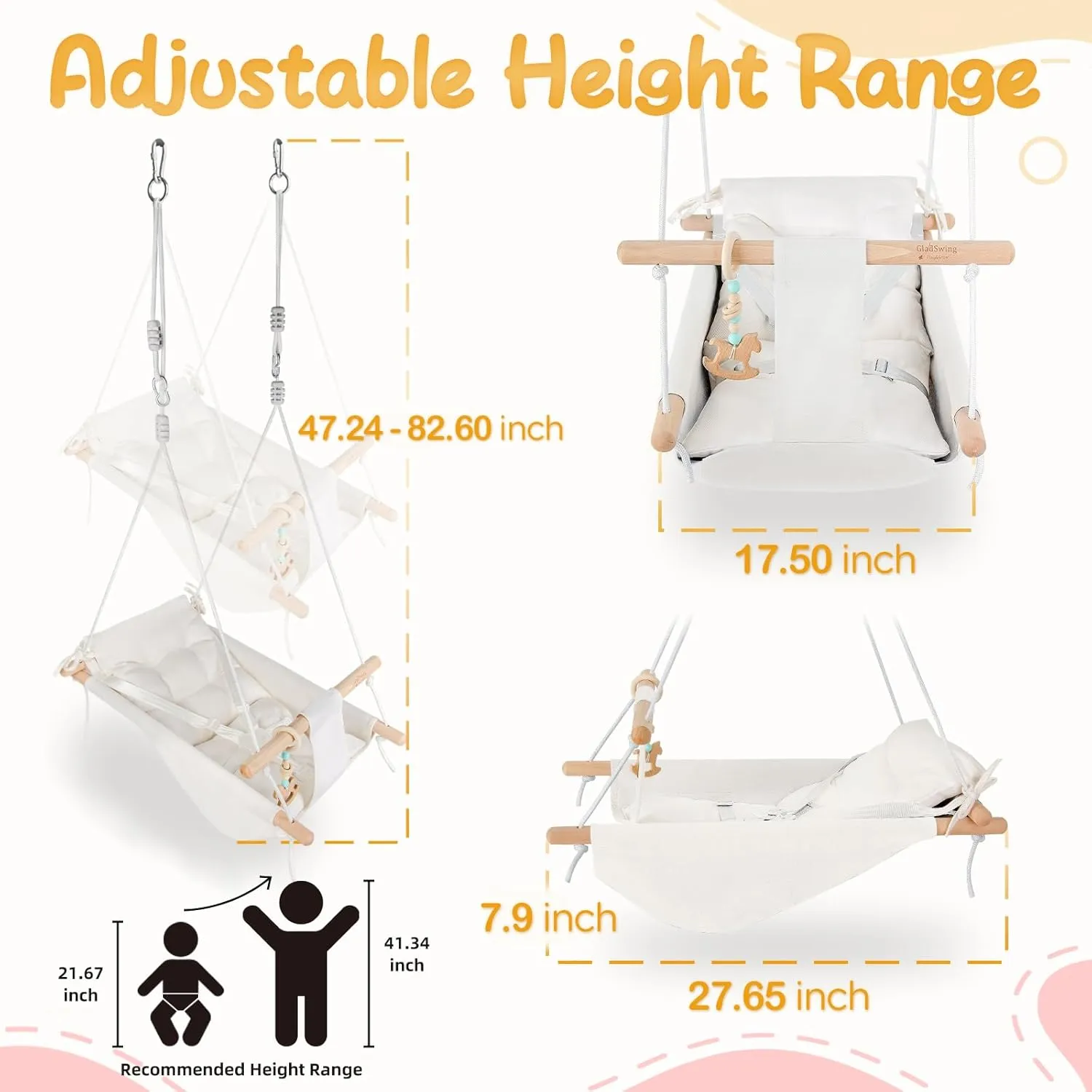Baby Swing Indoor and Outdoor, Canvas Hammock Swing for Baby to Toddler with a Comfortable Seat, Macaroon Wooden Toy, Adjustable 5-Point Harness,Gift for Baby Boys Girls, 3 Modes, White