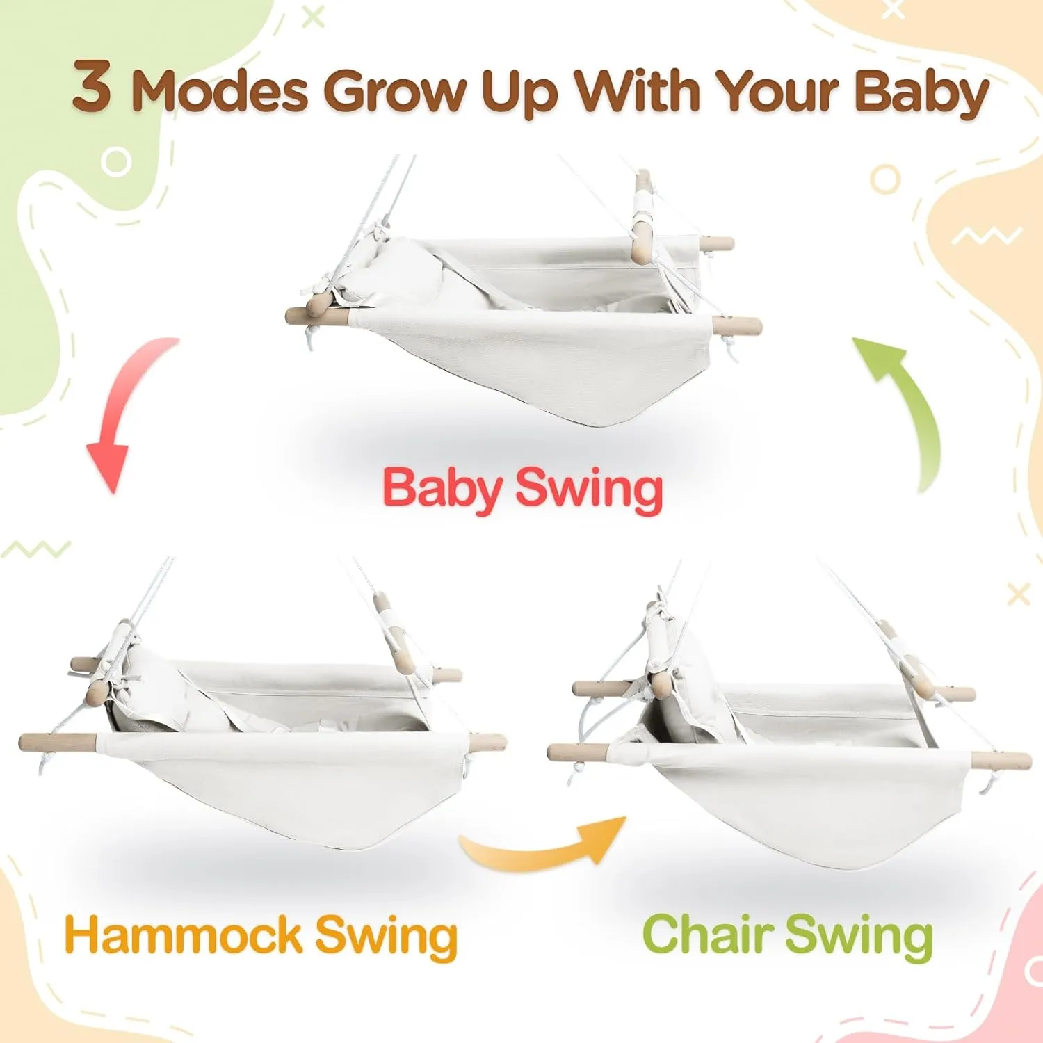 Baby Swing Indoor and Outdoor, Canvas Hammock Swing for Baby to Toddler with a Comfortable Seat, Macaroon Wooden Toy, Adjustable 5-Point Harness,Gift for Baby Boys Girls, 3 Modes, White