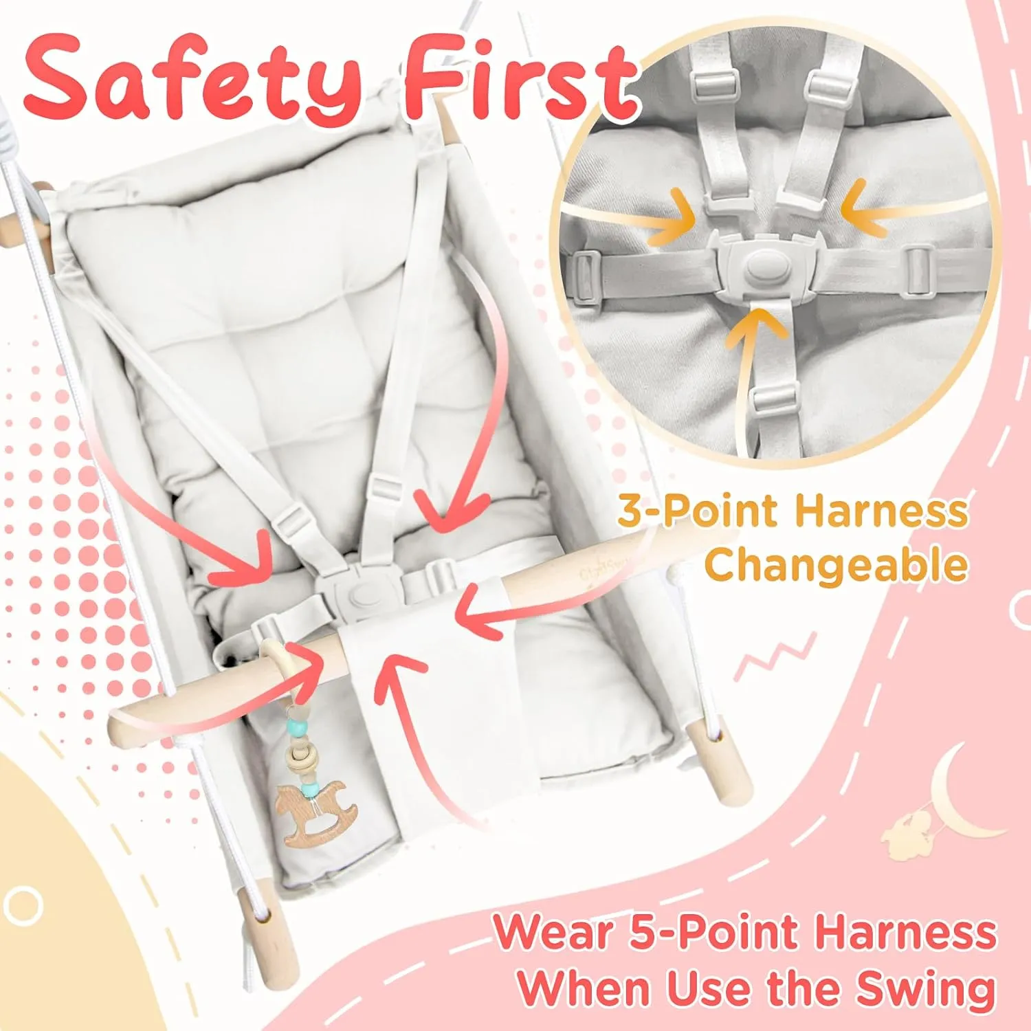 Baby Swing Indoor and Outdoor, Canvas Hammock Swing for Baby to Toddler with a Comfortable Seat, Macaroon Wooden Toy, Adjustable 5-Point Harness,Gift for Baby Boys Girls, 3 Modes, White