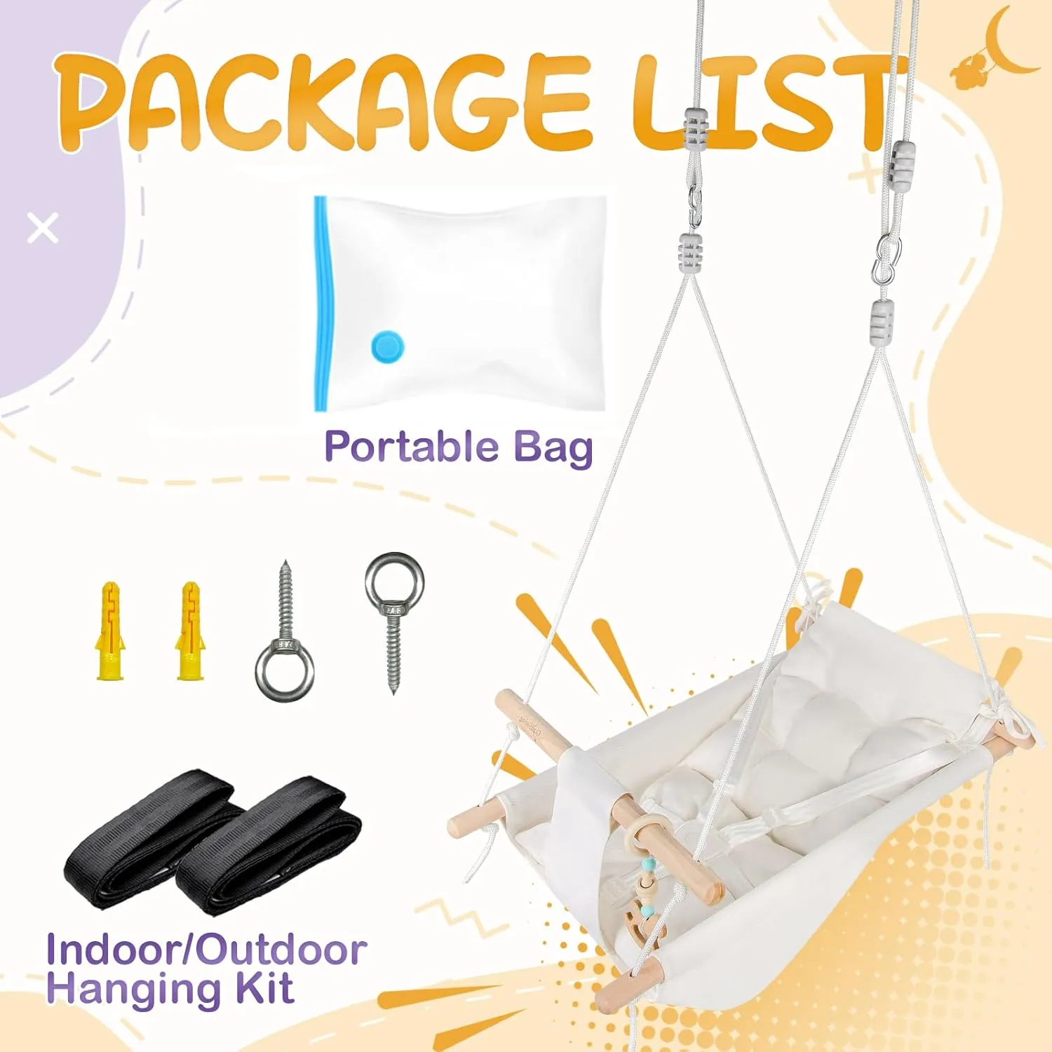 Baby Swing Indoor and Outdoor, Canvas Hammock Swing for Baby to Toddler with a Comfortable Seat, Macaroon Wooden Toy, Adjustable 5-Point Harness,Gift for Baby Boys Girls, 3 Modes, White