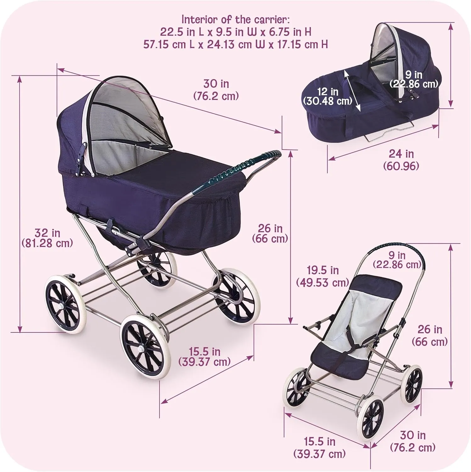 Badger Basket English Style Doll Stroller – Fits 18 to 22-inch Dolls, Classic Pretend Play Toy with Adjustable Canopy