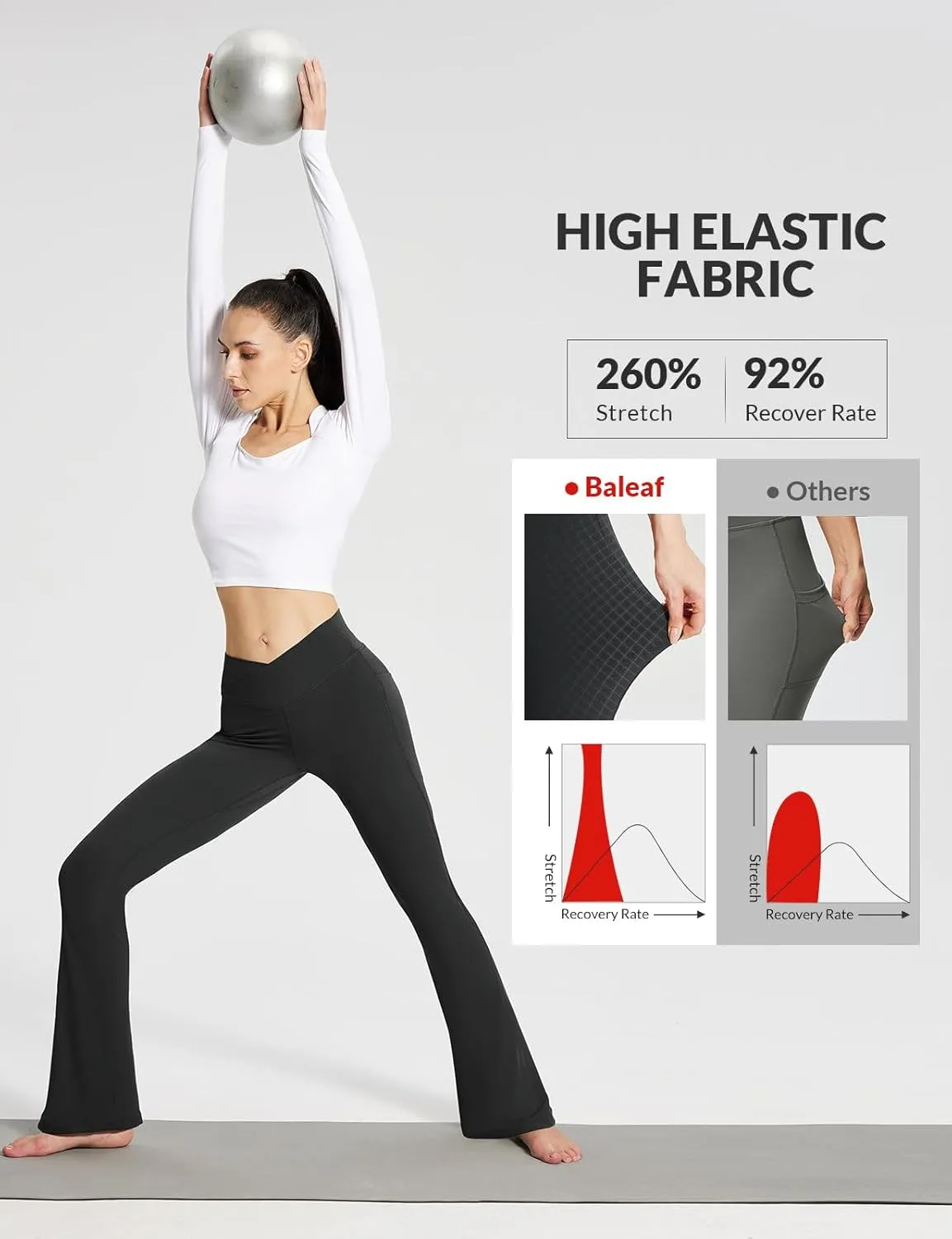 baleaf Women's Flare Leggings with Zipper Pockets Crossover High Waist Bootcut Yoga Pants Tummy Control Bell Bottom Leggings