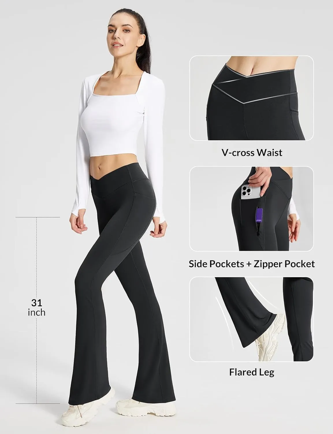 baleaf Women's Flare Leggings with Zipper Pockets Crossover High Waist Bootcut Yoga Pants Tummy Control Bell Bottom Leggings