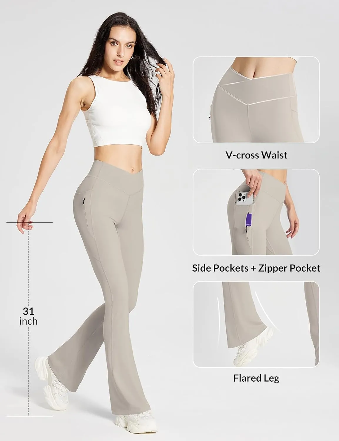 baleaf Women's Flare Leggings with Zipper Pockets Crossover High Waist Bootcut Yoga Pants Tummy Control Bell Bottom Leggings