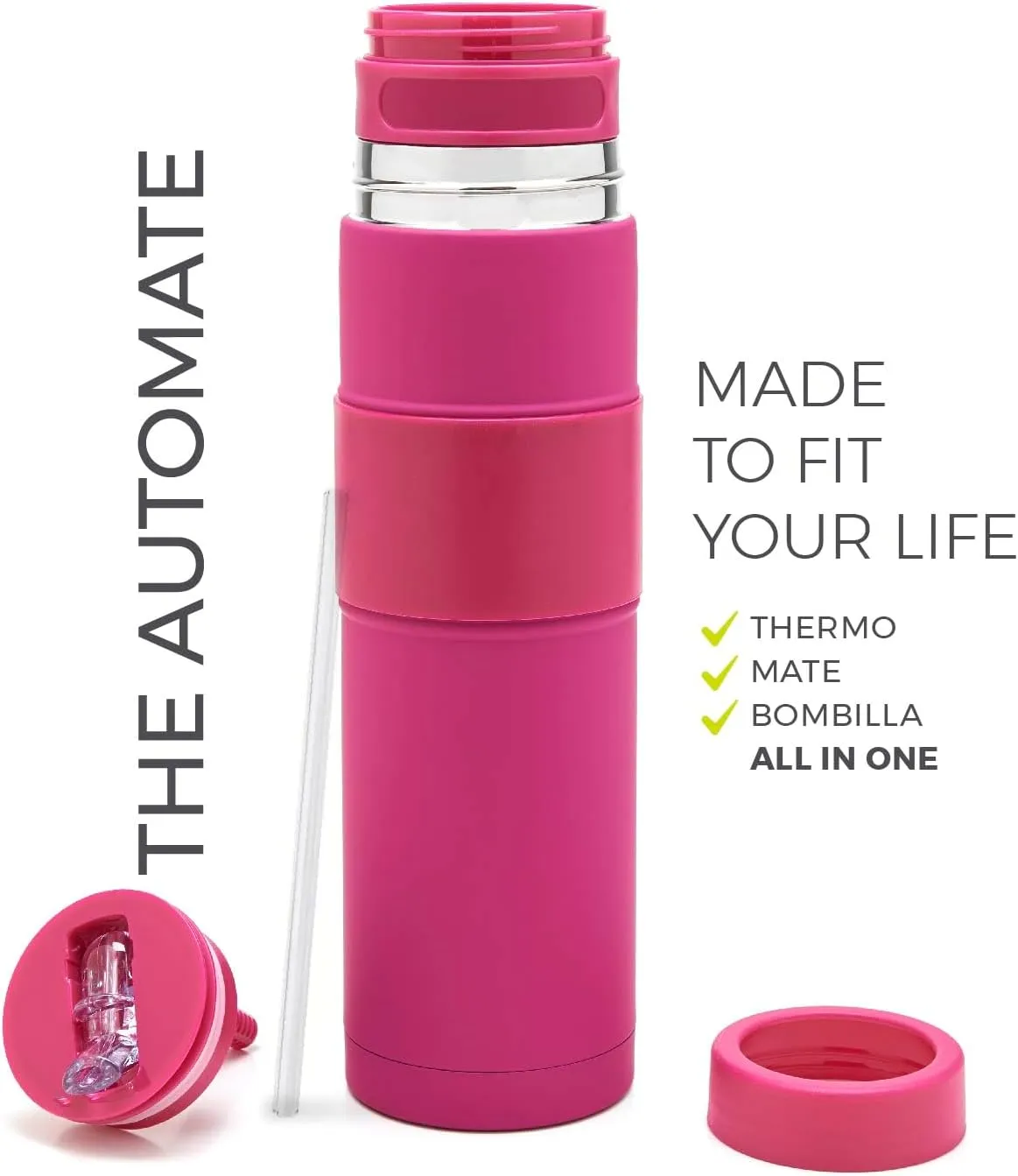 BALIBETOV - New - Stainless Steel Automate - Thermal bottle, Mate Cup and Bombilla All In One - No Need to Refill Every Time You Want to Drink (Fuchsia)