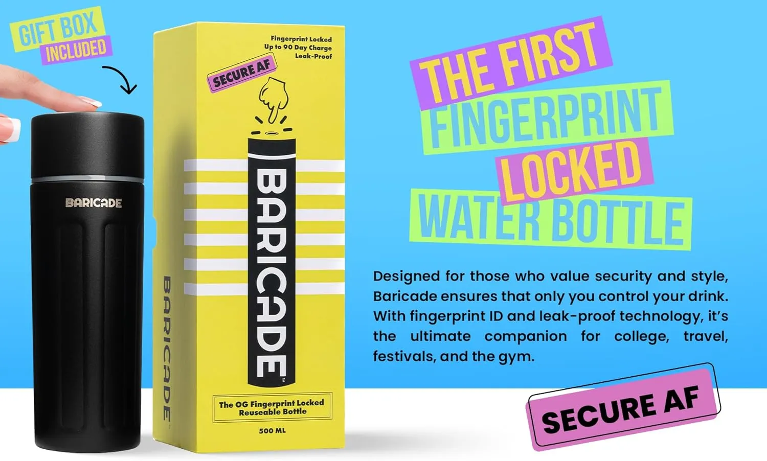 Baricade Original Fingerprint Lock Water Bottle – Easy Grip 500ml Stainless Steel, Leak-Proof, Tamper-Proof, Hot or Cold for Up to 12 Hours – Carbon Black – Gym, Travel, Safety