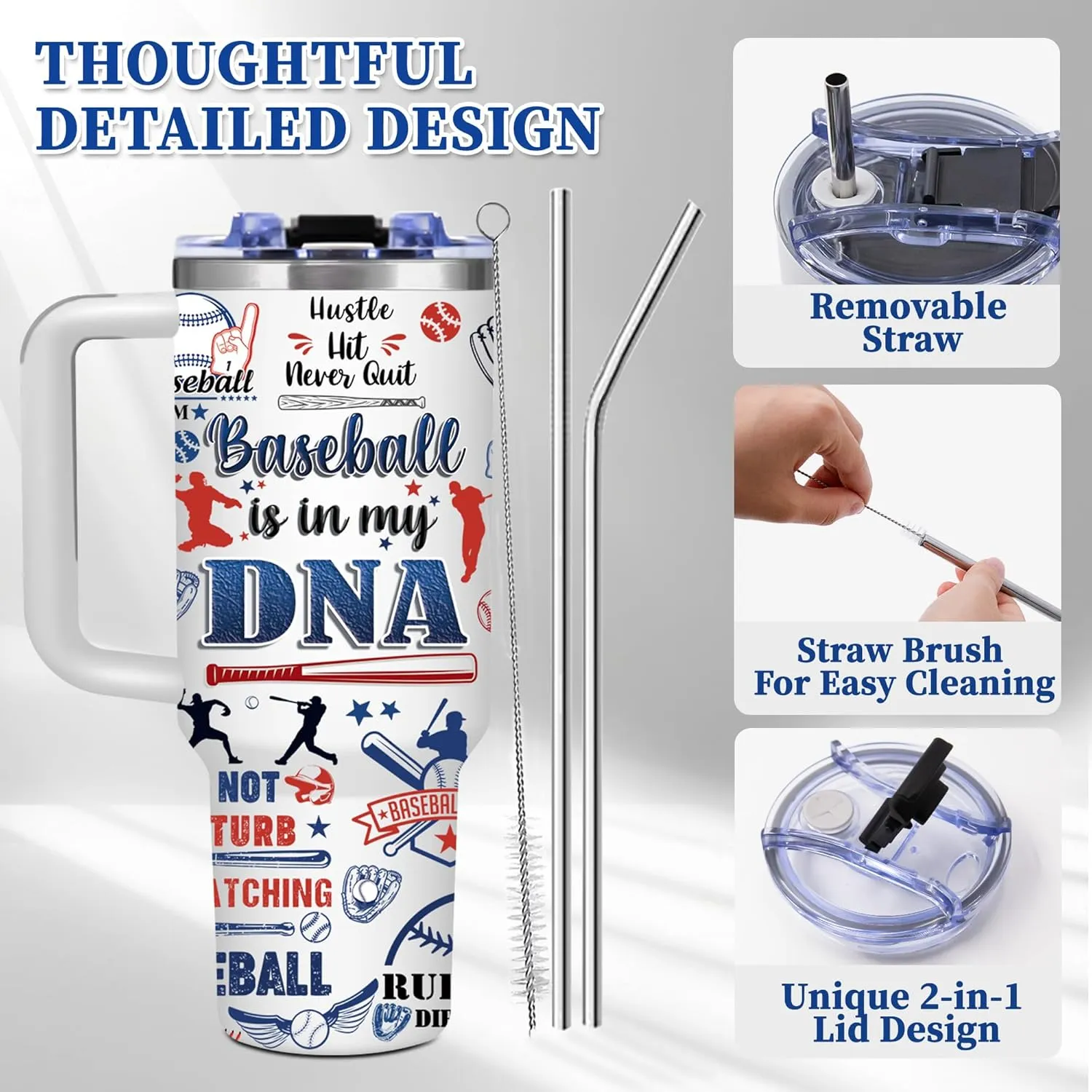 Baseball Lover 40oz Tumbler with Handle, Insulated Sport Bottles with Lid, Water Bottle Gift for Boyfriend, Birthday Gifts for Men, Dad, Husband