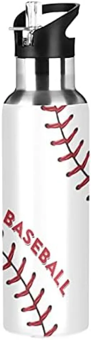 Baseball Stainless Steel Water Bottle with Straw Lid Insulated Keeps Hot and Cold Flask Jug for Sports Gym Cycling Outdoor 20 Oz