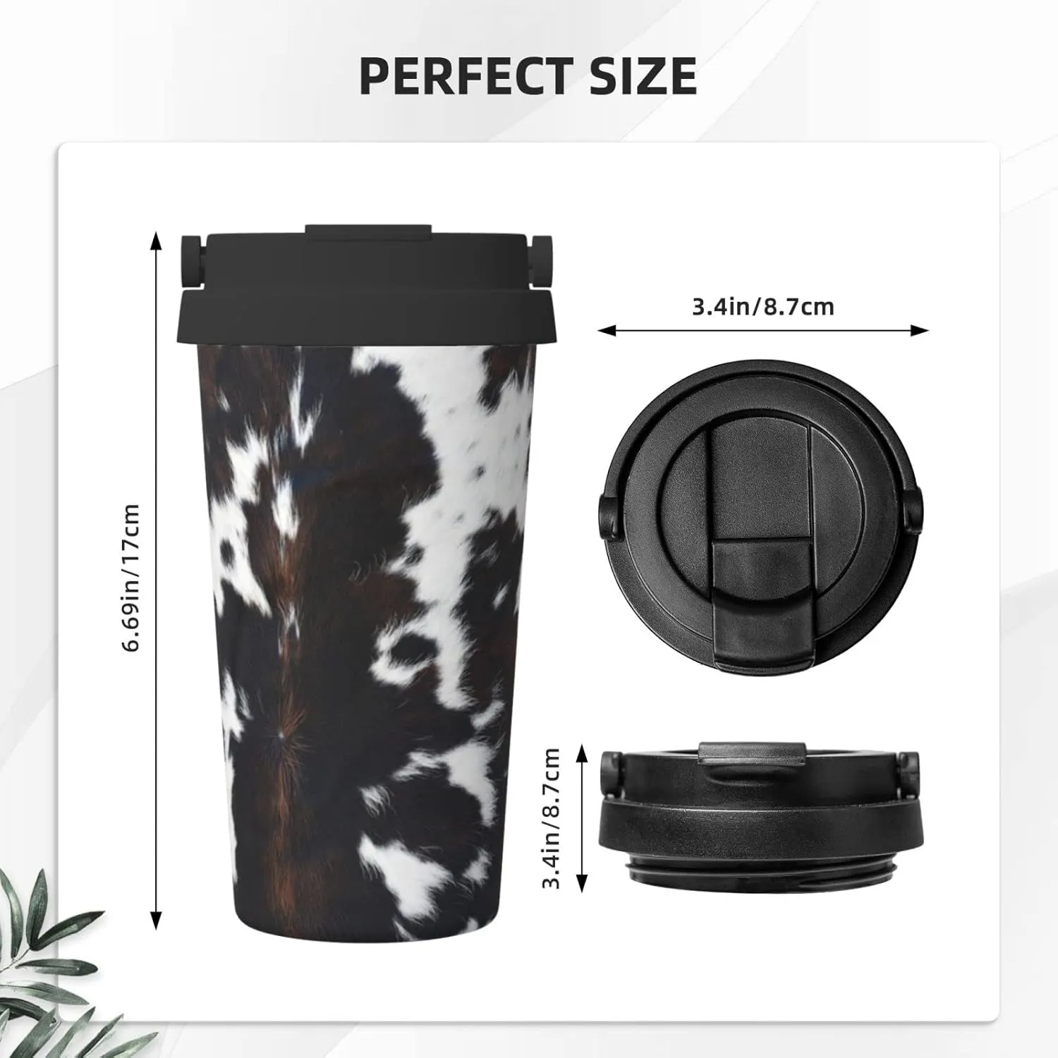 bassyil Cow Print 17oz Insulated Coffee Mug with Flip Lid Handle Cow Real Fur Stainless Steel Insulated Travel Tumbler Spill Proof