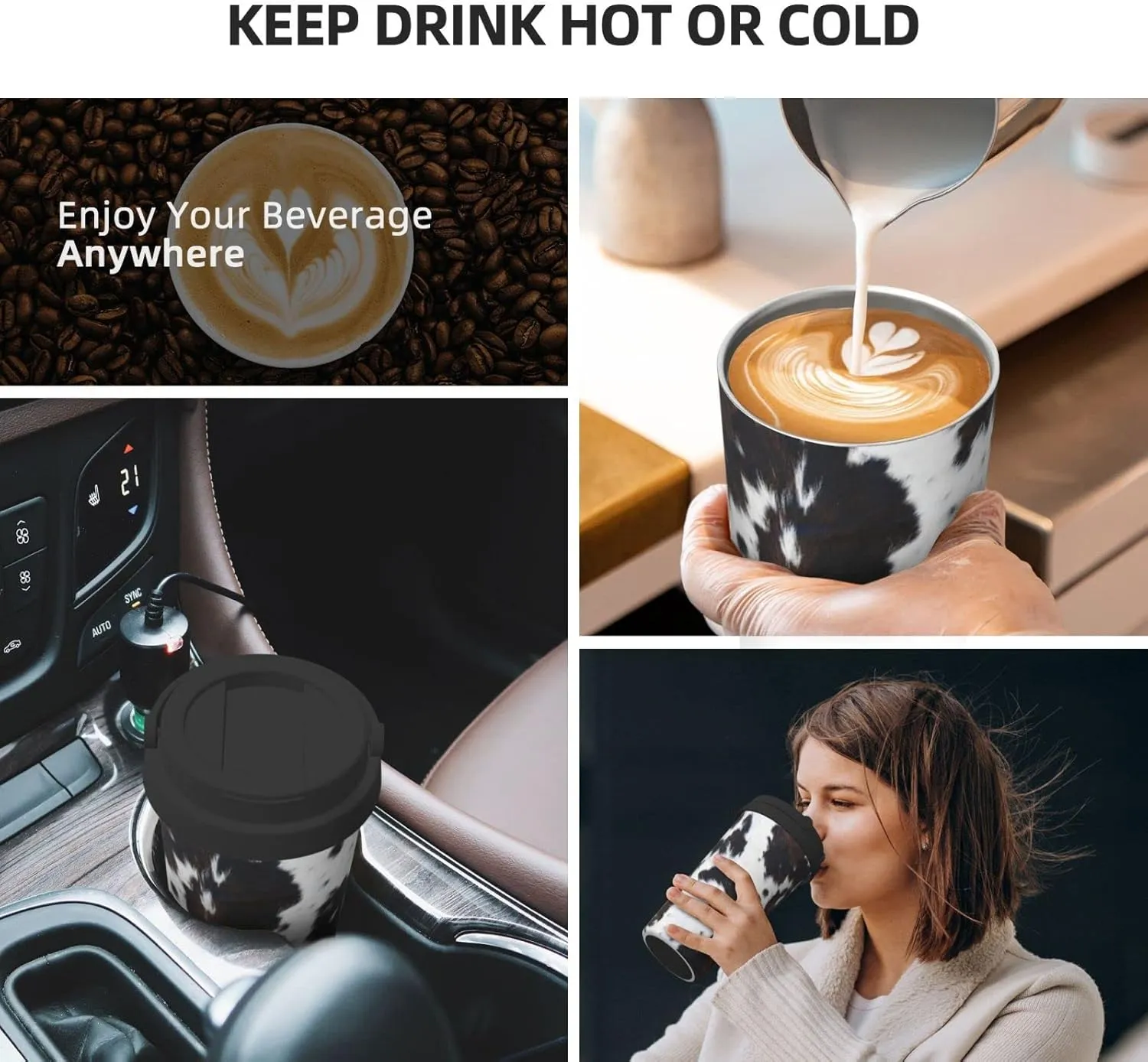 bassyil Cow Print 17oz Insulated Coffee Mug with Flip Lid Handle Cow Real Fur Stainless Steel Insulated Travel Tumbler Spill Proof