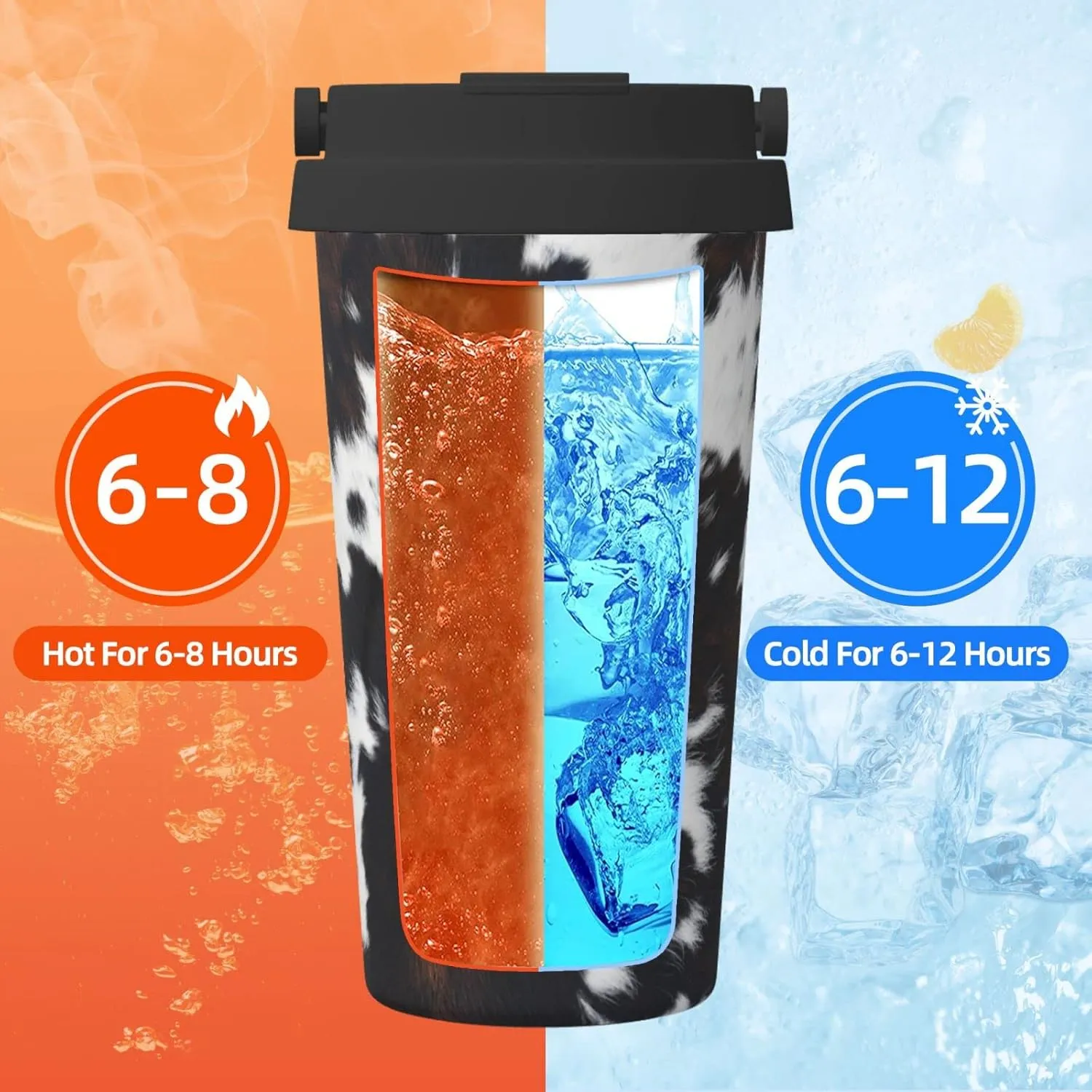 bassyil Cow Print 17oz Insulated Coffee Mug with Flip Lid Handle Cow Real Fur Stainless Steel Insulated Travel Tumbler Spill Proof