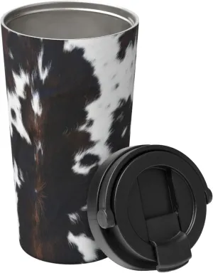 bassyil Cow Print 17oz Insulated Coffee Mug with Flip Lid Handle Cow Real Fur Stainless Steel Insulated Travel Tumbler Spill Proof