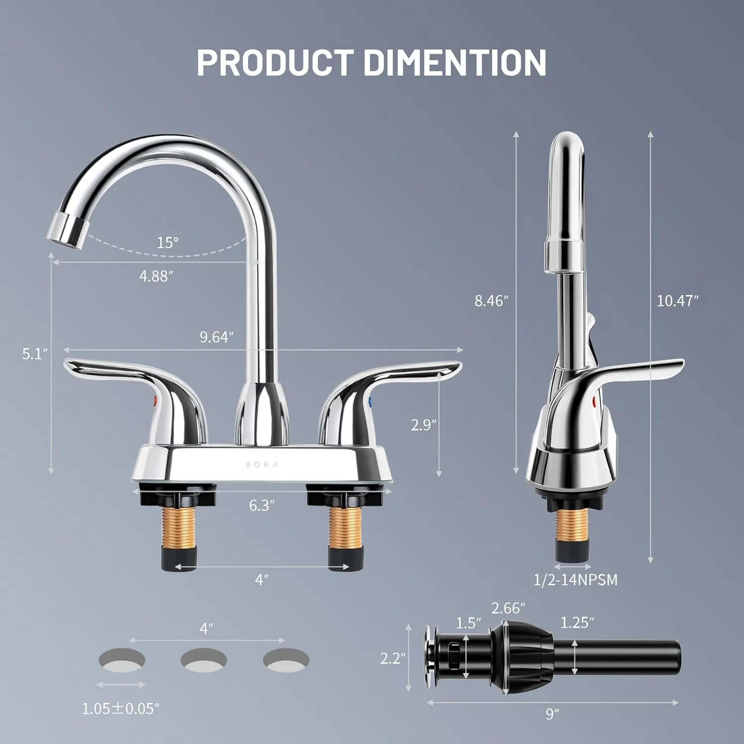 Bathroom Sink Faucet for 3 Hole, 4 Inch Stainless Steel Faucet for Bathroom, Bathroom Faucets with Deck Plate & Pop-Up Pop-Up Drain Assembly 2-Handle Faucet for Bathroom Sink Vanity RV Restroom