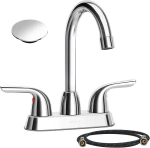 Bathroom Sink Faucet for 3 Hole, 4 Inch Stainless Steel Faucet for Bathroom, Bathroom Faucets with Deck Plate & Pop-Up Pop-Up Drain Assembly 2-Handle Faucet for Bathroom Sink Vanity RV Restroom