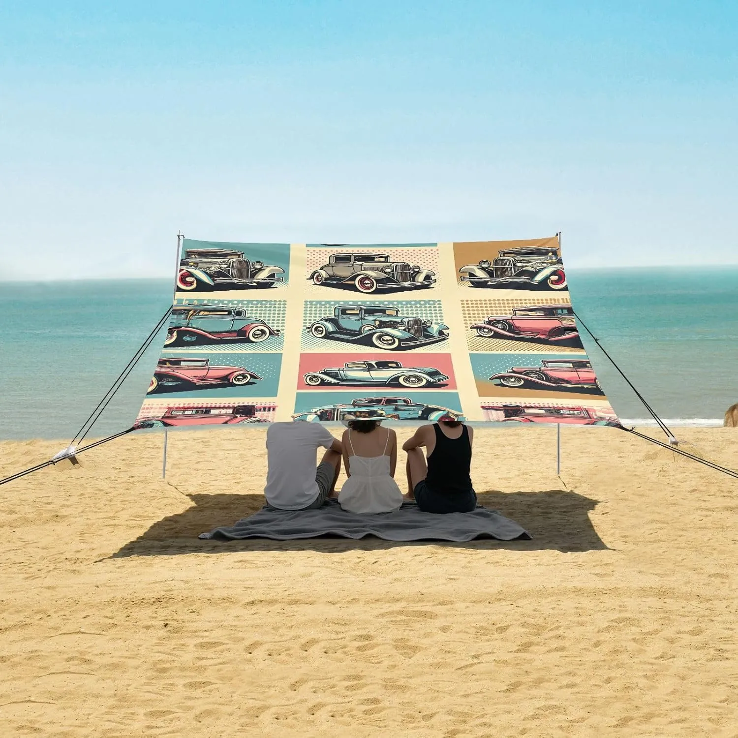 Beach Shade Tent with UPF50  UV Protection,Pop Art Pattern with Retro Cars Lightweight Camping Sun Shelter for Outdoor,Camping Trips, Fishing, Backyard,Picnics,Easy Set Up and Carry 9x10.5 FT