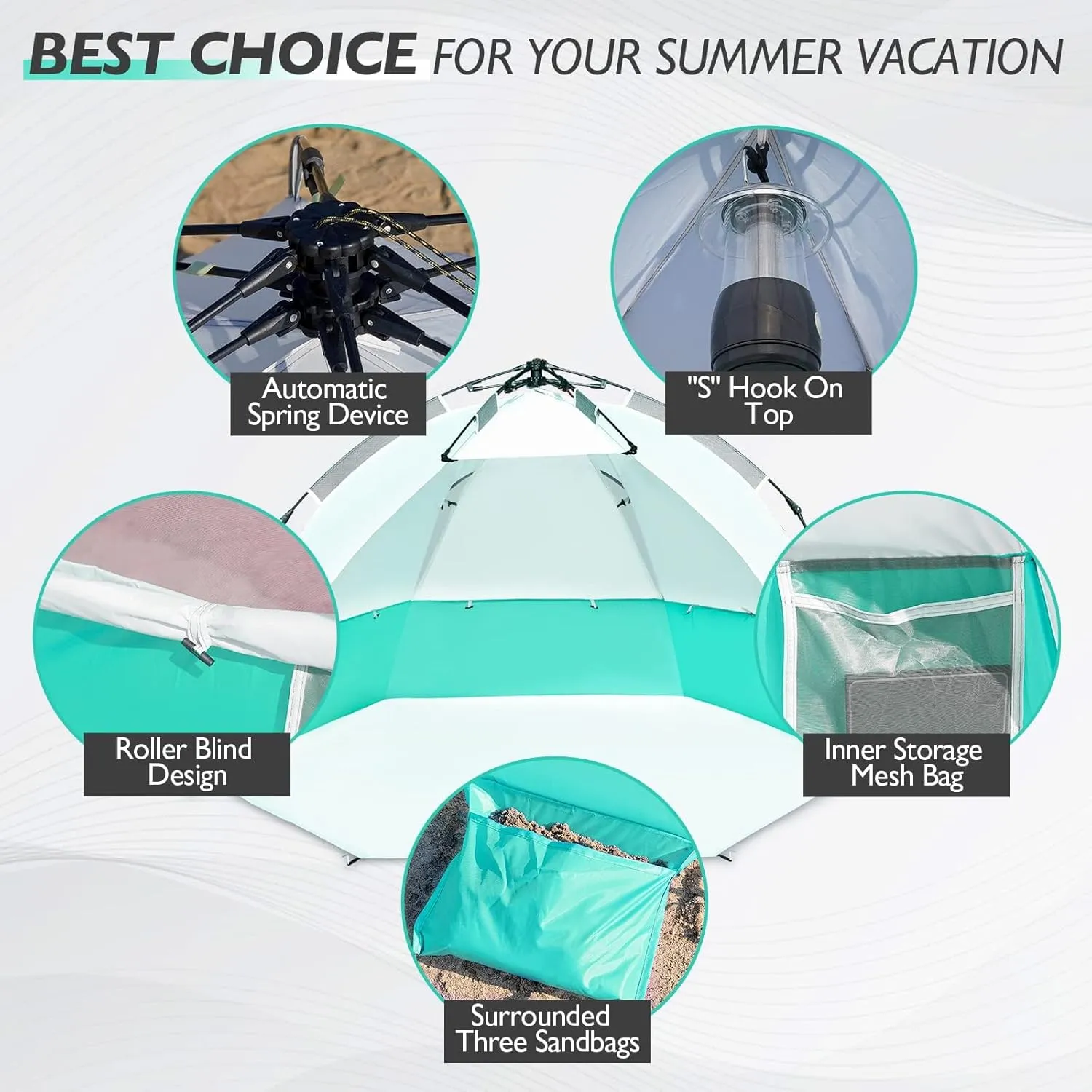 Beach Tent Pop Up Shade, Instant Beach Tents Sun Shelter with UPF 50  UV Protection, Lightweight & Easy Setup Tent 2-6 Person