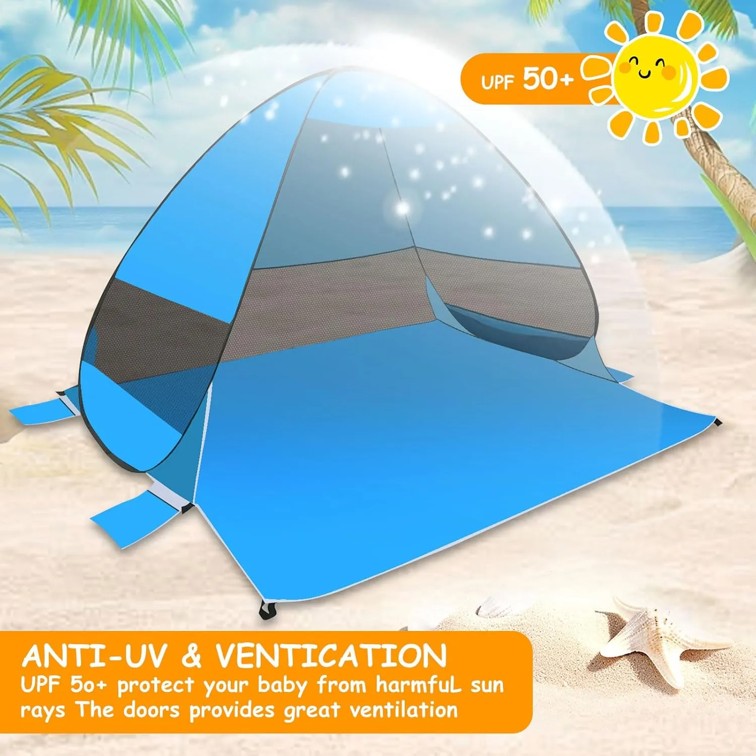 Beach Tent Sun Shelter for 3/4 Person with UPF 50＋ U.V Protection, Pop Up Beach Tent, Lightweight & Easy Setup Beach Shade Canopy, Portable Beach Shade Tent Beach Cabana (Light Blue)