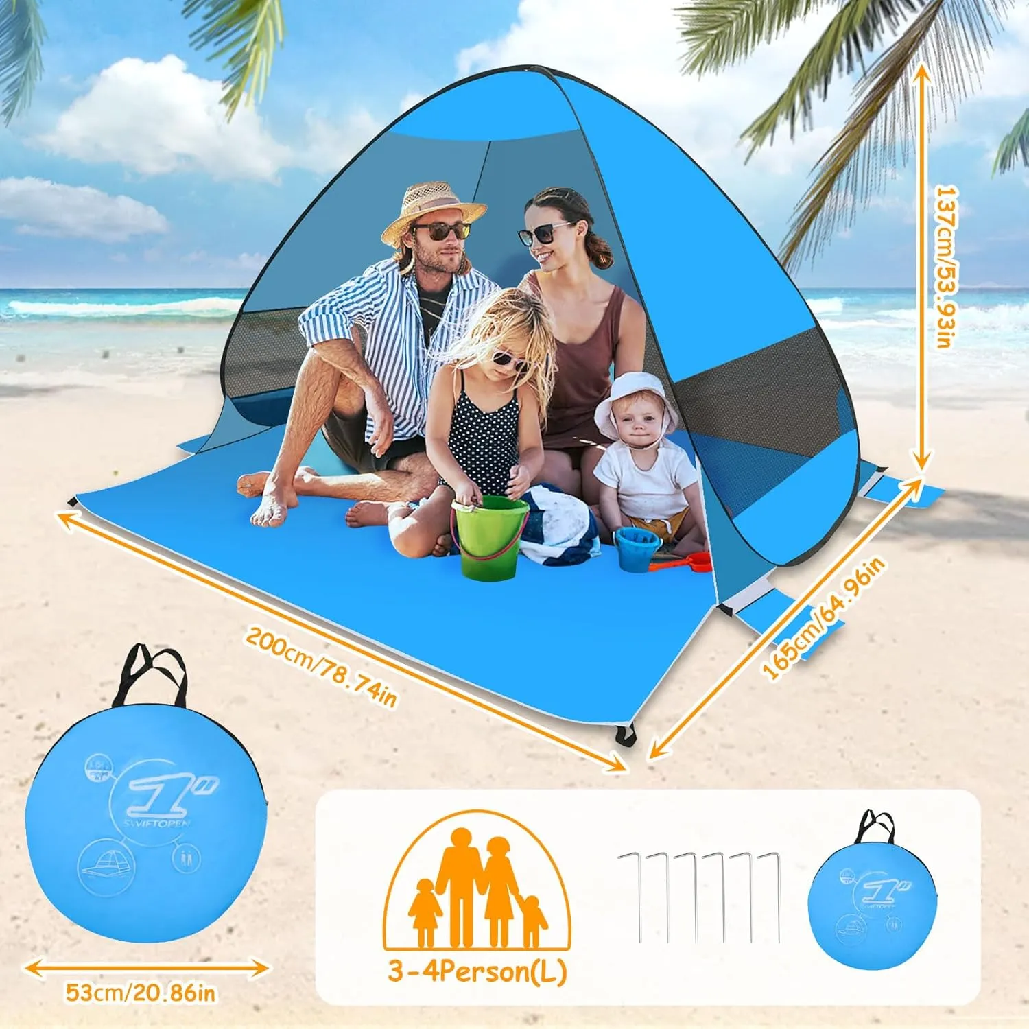 Beach Tent Sun Shelter for 3/4 Person with UPF 50＋ U.V Protection, Pop Up Beach Tent, Lightweight & Easy Setup Beach Shade Canopy, Portable Beach Shade Tent Beach Cabana (Light Blue)