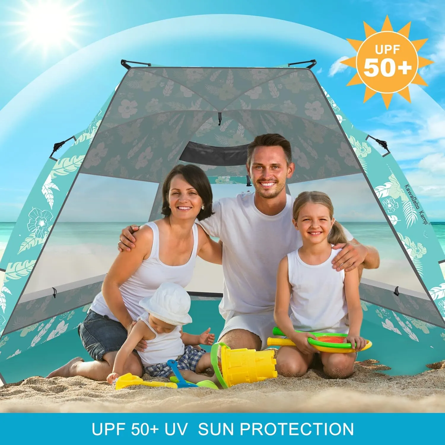 Beach Tent Sun Shelter for 4-6 Person - Pop Up Beach Tent UPF 50＋ UV Protection, Lightweight and Easy Setup Cabana, Extendable Floor with 3 Ventilating Windows, Carrying Bag