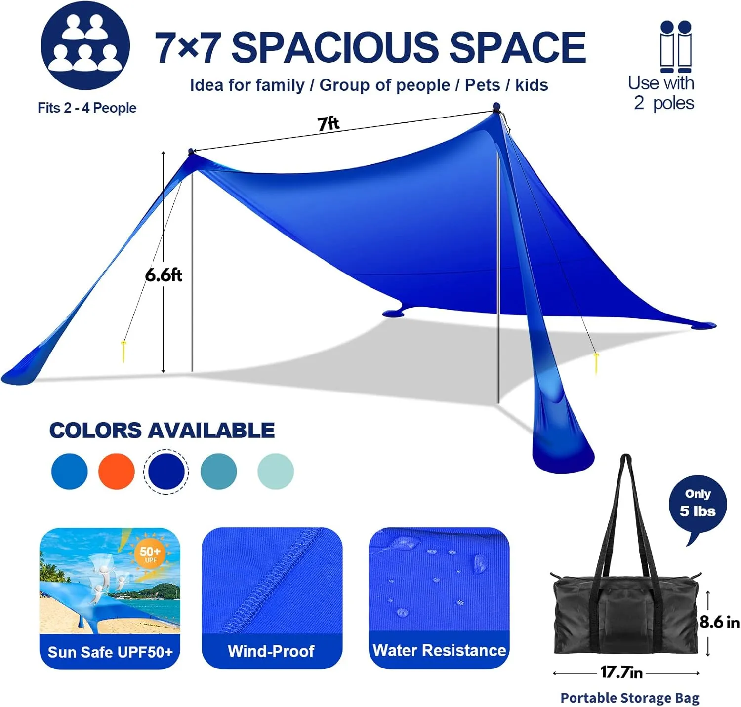 Beach Tent Sun Shelter UPF50  7x7 FT Windproof Pop Up Canopy Shade with Sand Shovel Carrying Bag, Portable Lightweight Outdoor Family Sunshade for Camping Trips Backyard Fishing Picnics