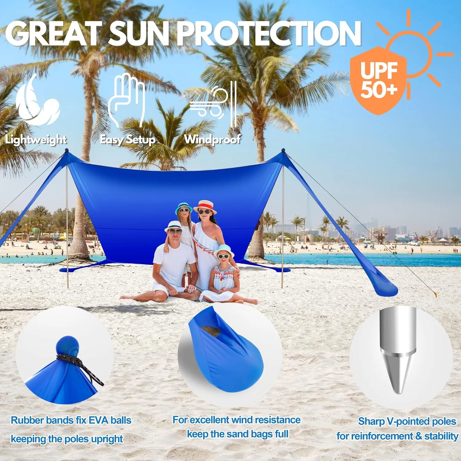 Beach Tent Sun Shelter UPF50  7x7 FT Windproof Pop Up Canopy Shade with Sand Shovel Carrying Bag, Portable Lightweight Outdoor Family Sunshade for Camping Trips Backyard Fishing Picnics