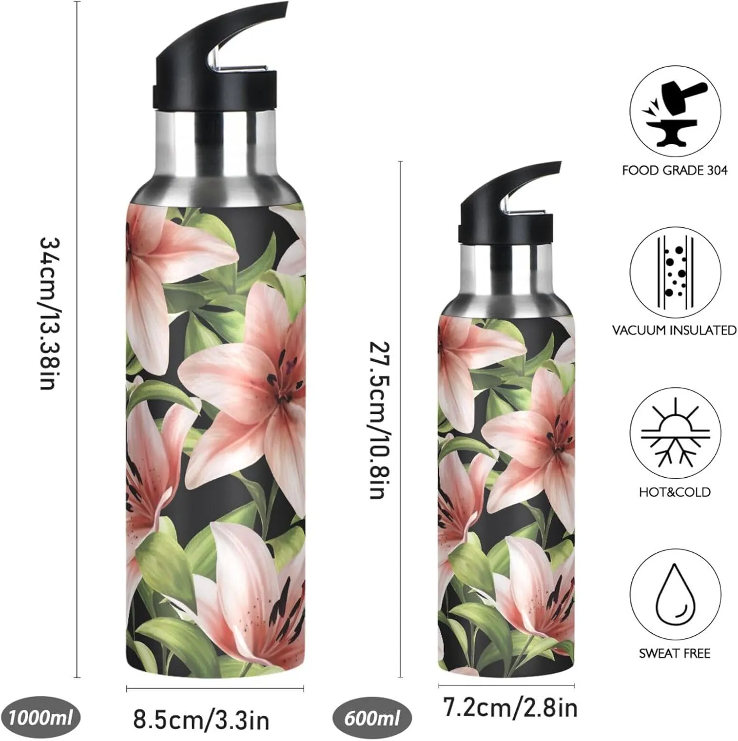 Beautiful Floral Pink Lilies Water Bottle with Straw Lid, BPA Free Leakproof Vacuum Insulated Stainless Steel, 30 Oz Hot Cold Thermal Flask Drinking Bottle for Gym Fitness Outdoor Sport