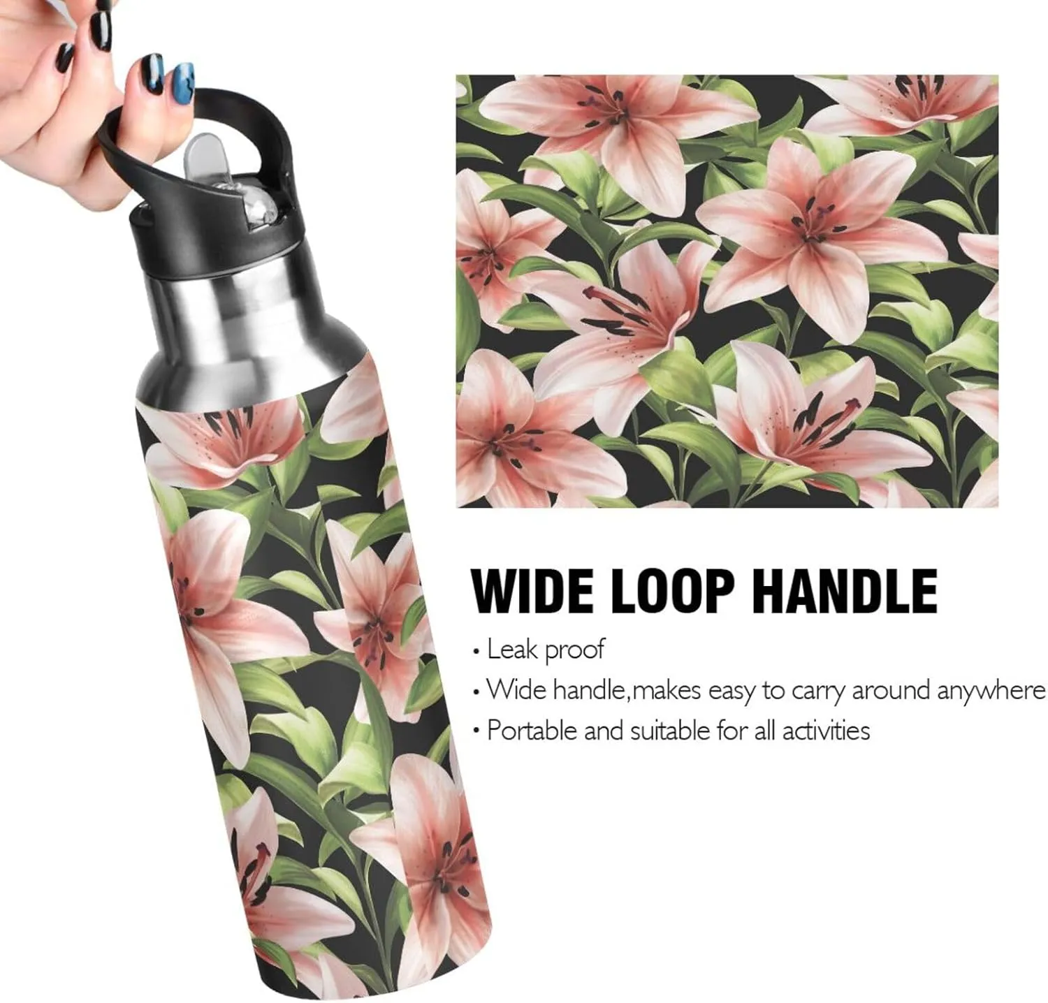 Beautiful Floral Pink Lilies Water Bottle with Straw Lid, BPA Free Leakproof Vacuum Insulated Stainless Steel, 30 Oz Hot Cold Thermal Flask Drinking Bottle for Gym Fitness Outdoor Sport