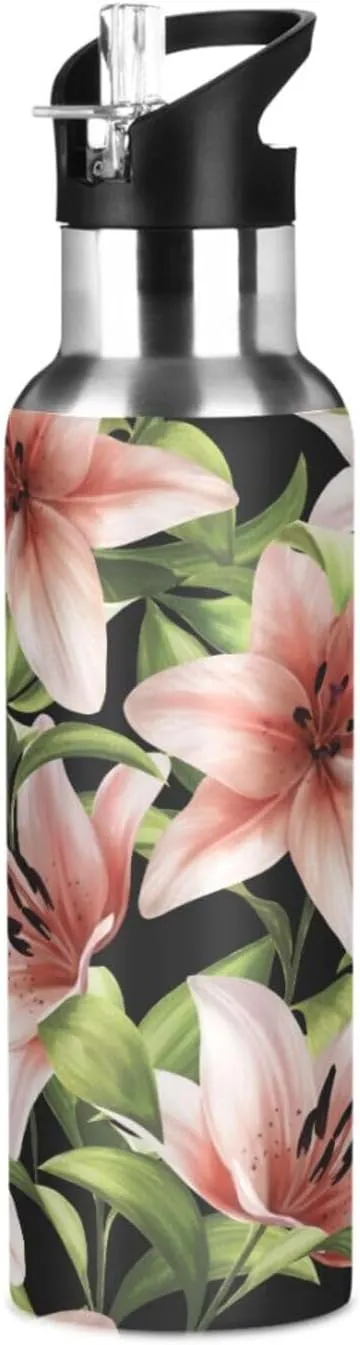Beautiful Floral Pink Lilies Water Bottle with Straw Lid, BPA Free Leakproof Vacuum Insulated Stainless Steel, 30 Oz Hot Cold Thermal Flask Drinking Bottle for Gym Fitness Outdoor Sport