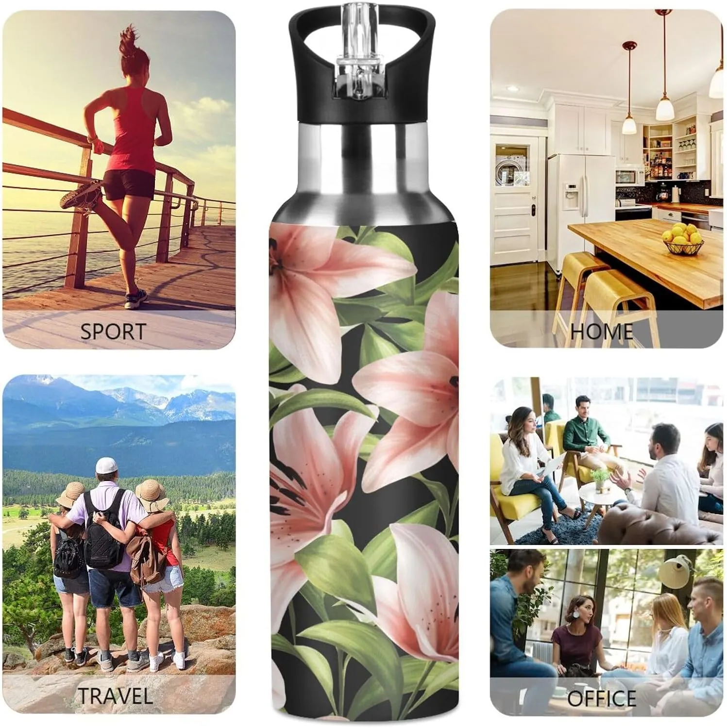 Beautiful Floral Pink Lilies Water Bottle with Straw Lid, BPA Free Leakproof Vacuum Insulated Stainless Steel, 30 Oz Hot Cold Thermal Flask Drinking Bottle for Gym Fitness Outdoor Sport