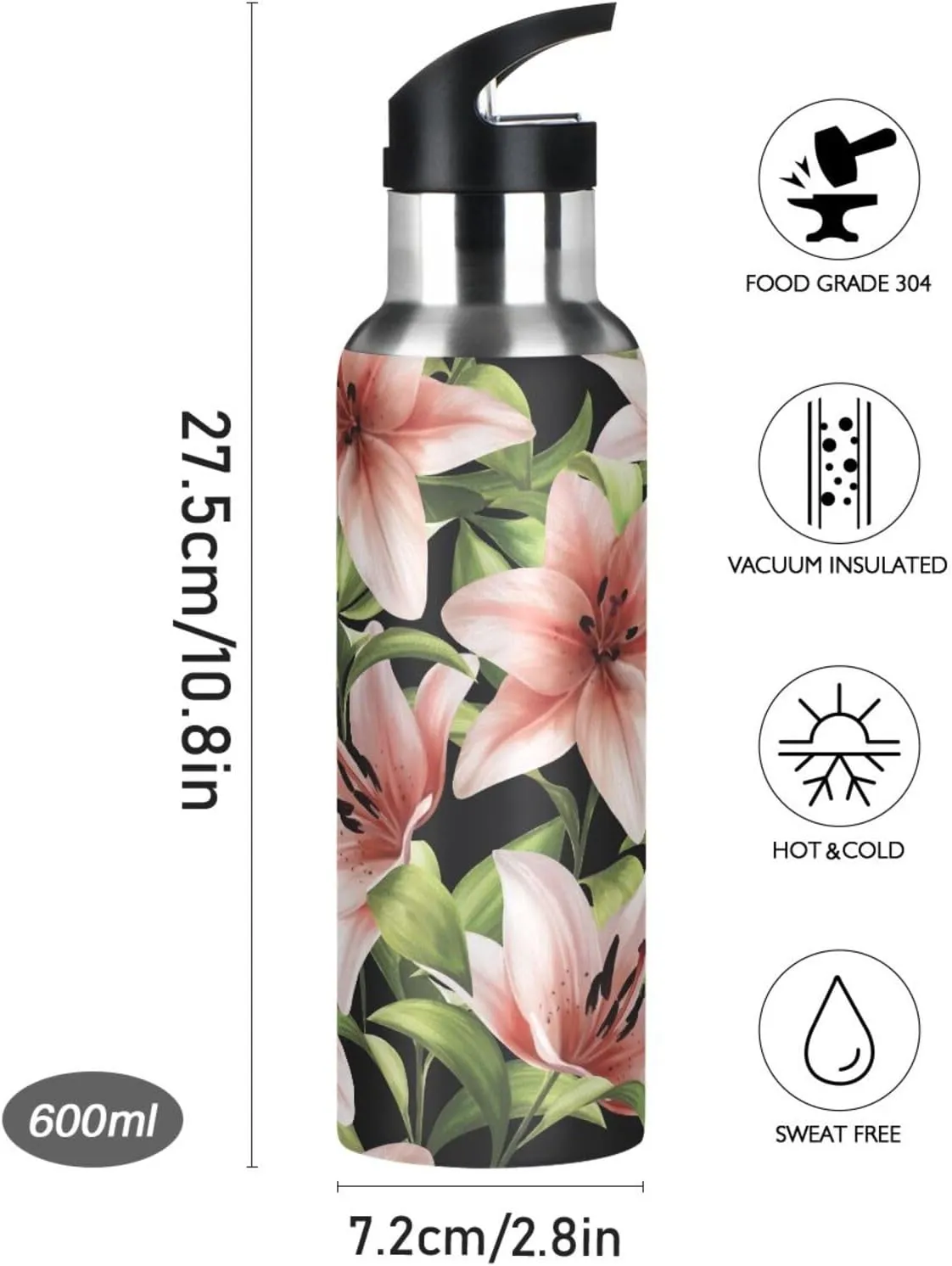 Beautiful Floral Pink Lilies Water Bottle with Straw Lid, BPA Free Leakproof Vacuum Insulated Stainless Steel, 30 Oz Hot Cold Thermal Flask Drinking Bottle for Gym Fitness Outdoor Sport