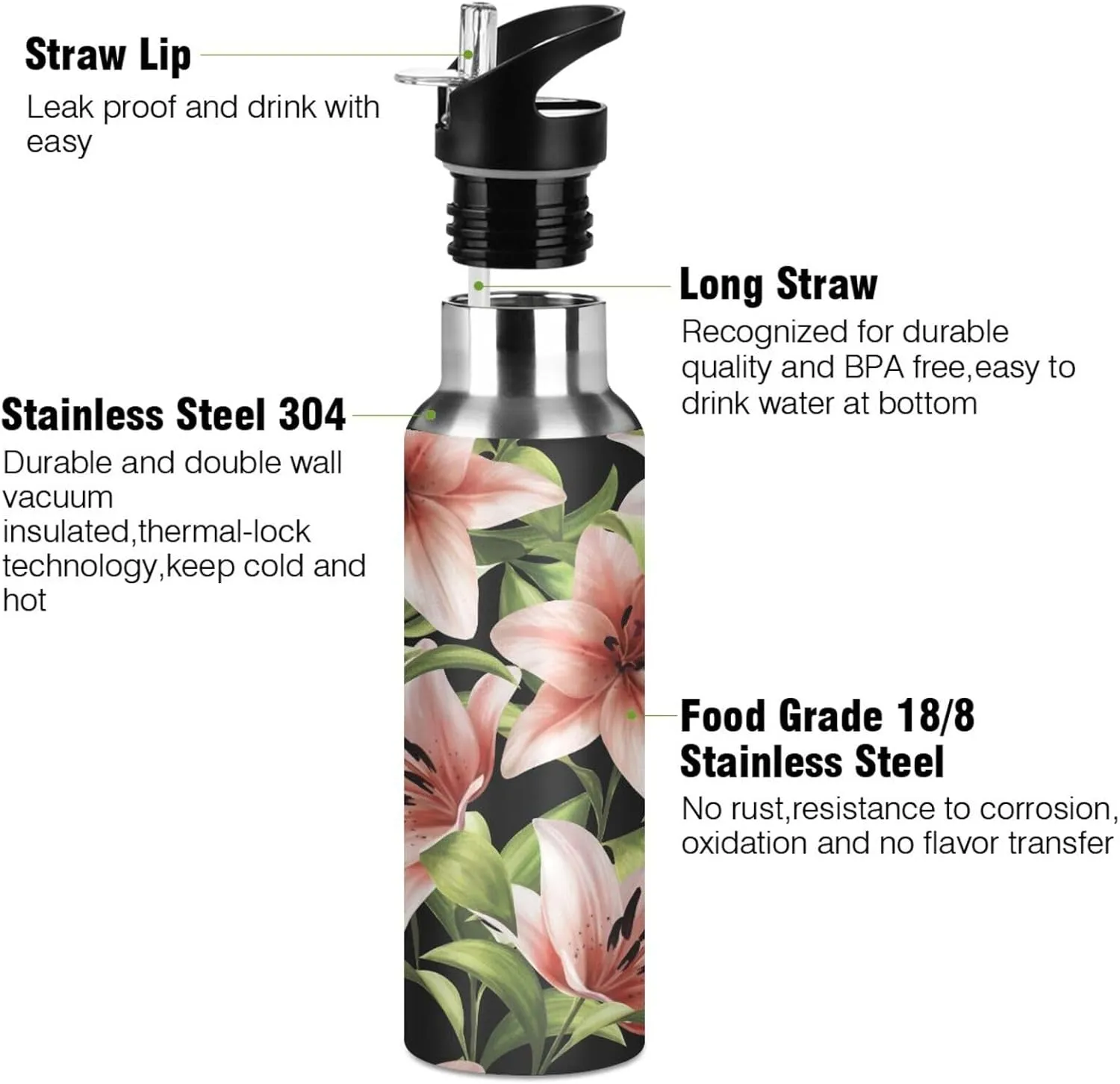 Beautiful Floral Pink Lilies Water Bottle with Straw Lid, BPA Free Leakproof Vacuum Insulated Stainless Steel, 30 Oz Hot Cold Thermal Flask Drinking Bottle for Gym Fitness Outdoor Sport