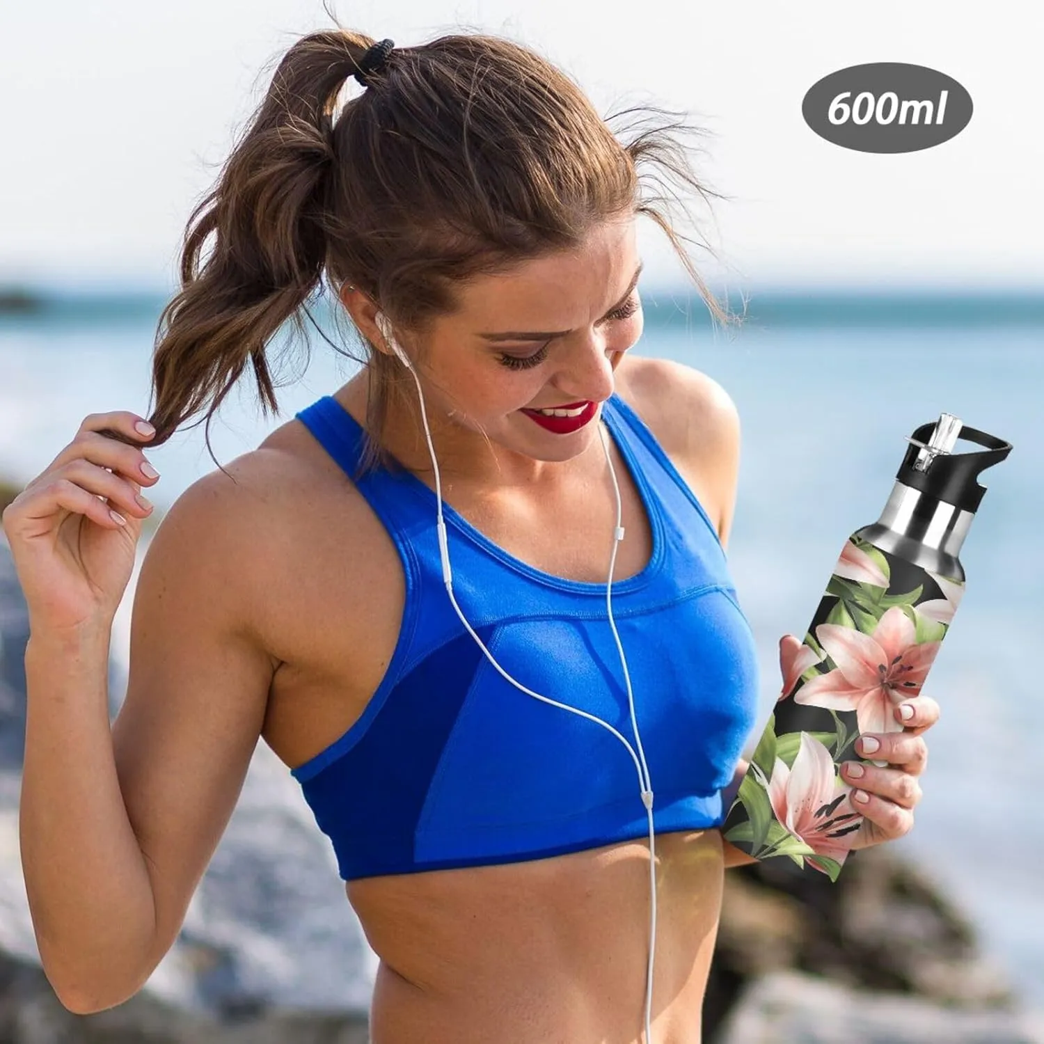Beautiful Floral Pink Lilies Water Bottle with Straw Lid, BPA Free Leakproof Vacuum Insulated Stainless Steel, 30 Oz Hot Cold Thermal Flask Drinking Bottle for Gym Fitness Outdoor Sport
